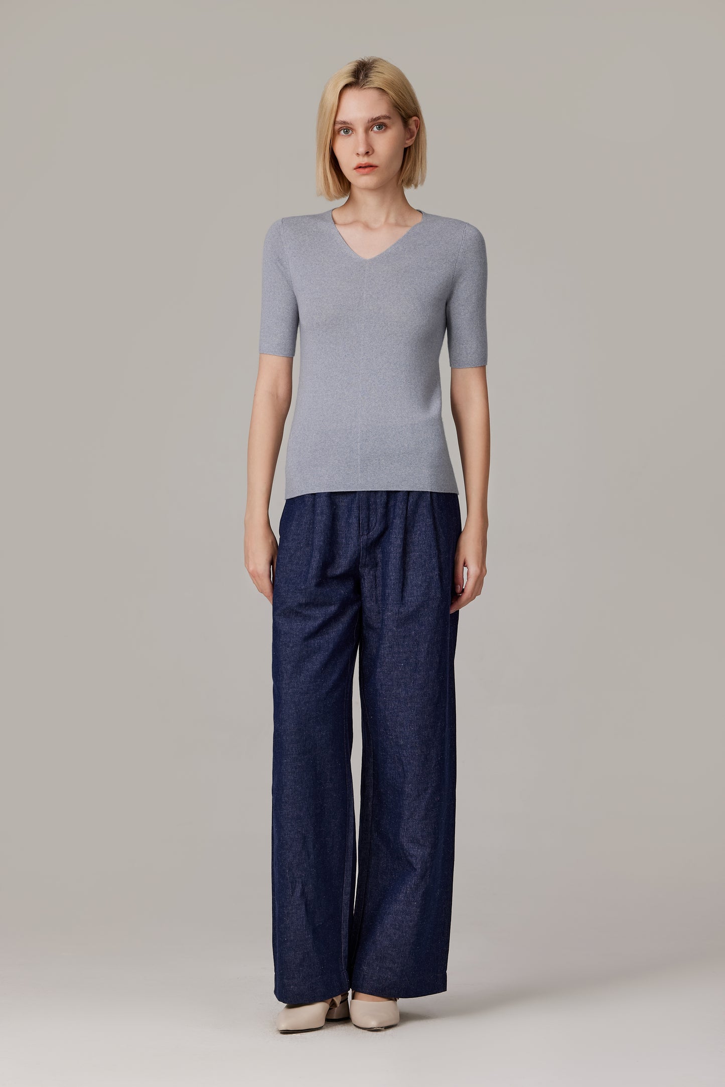 JENNIE LIU Women's Merino Wool Lurex Sweater | Shimmer Fine gauge V-Neck Short Sleeve Top | Machine Washable Pullover for Women