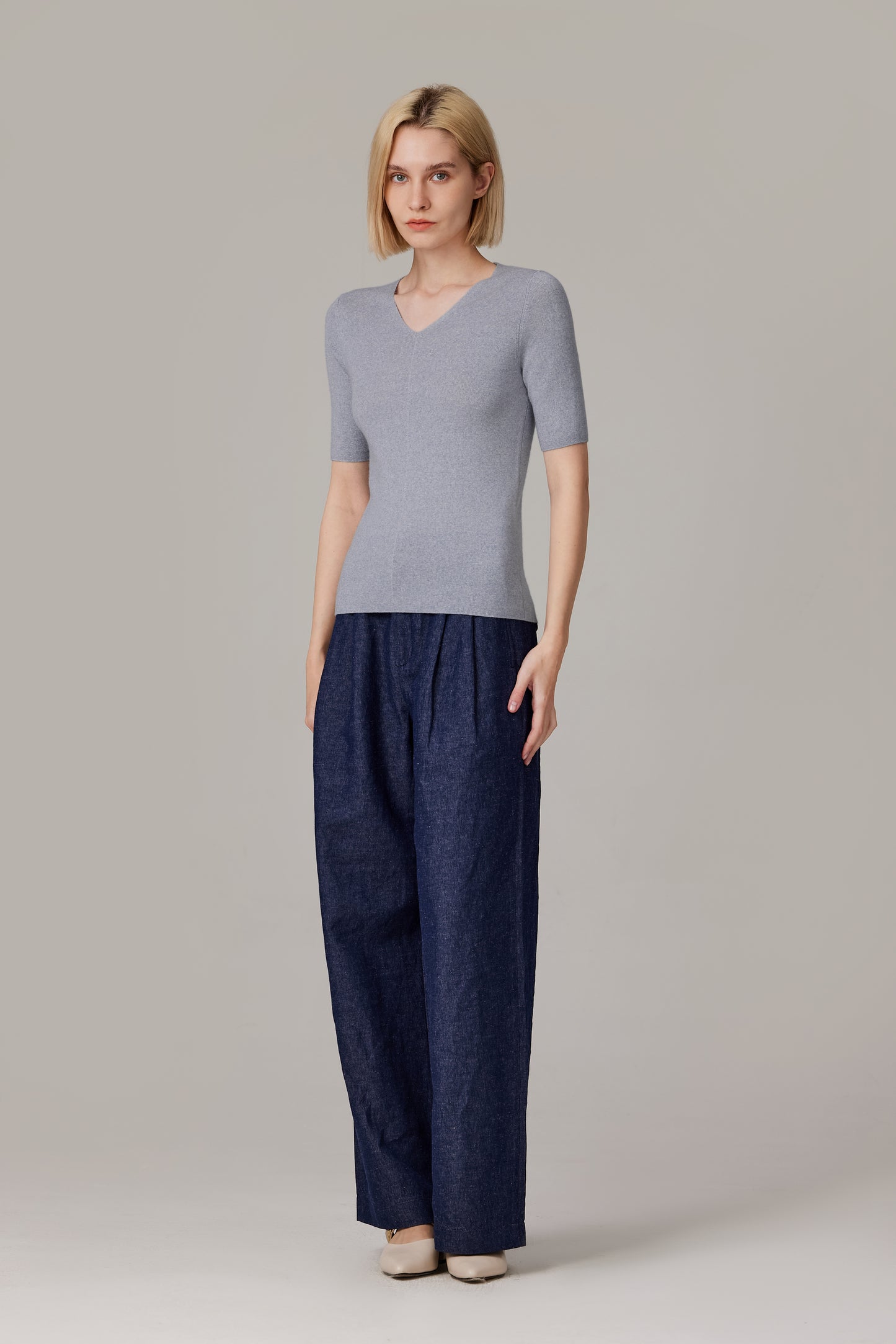 JENNIE LIU Women's Merino Wool Lurex Sweater | Shimmer Fine gauge V-Neck Short Sleeve Top | Machine Washable Pullover for Women