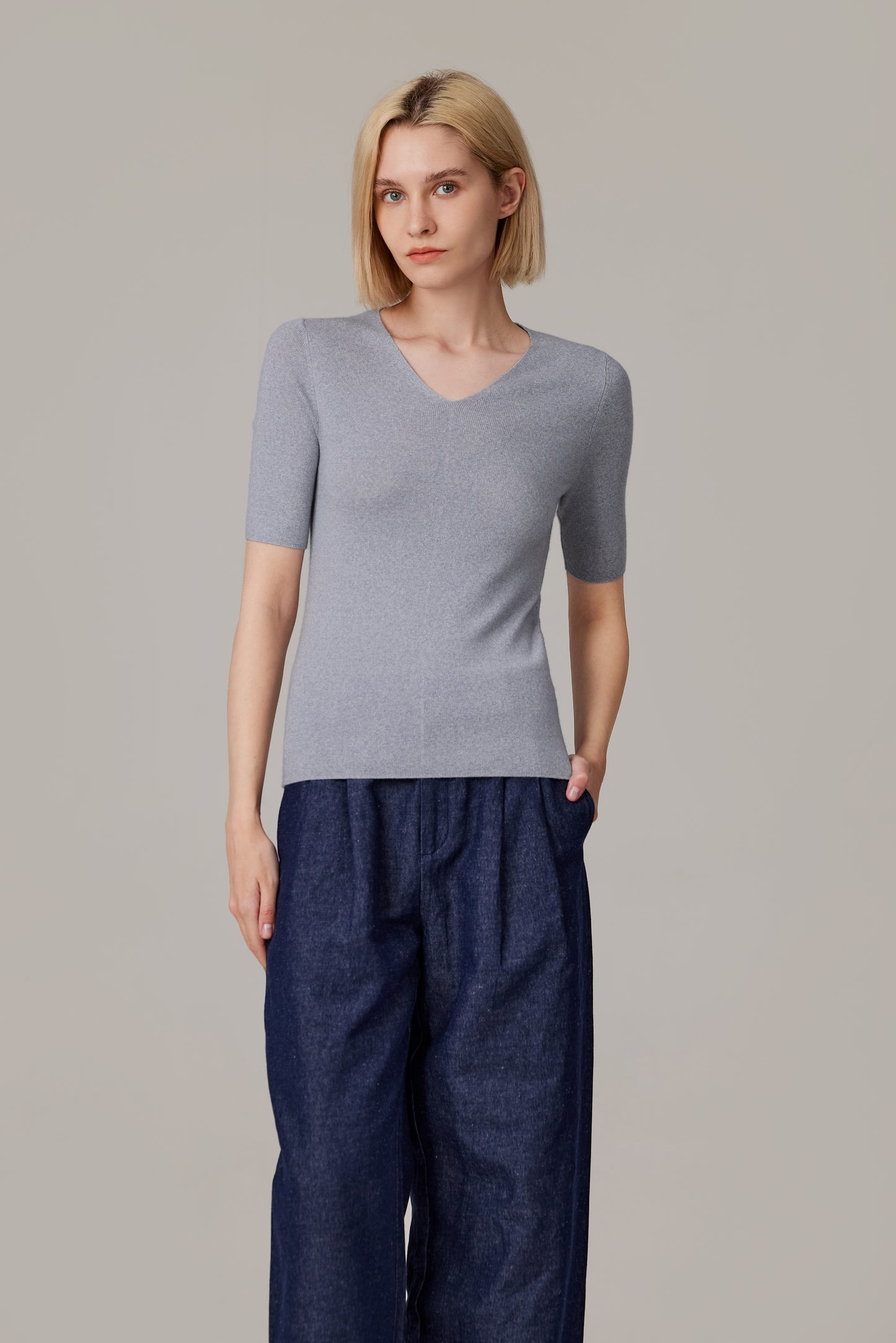 JENNIE LIU Women's Merino Wool Lurex Sweater | Shimmer Fine gauge V-Neck Short Sleeve Top | Machine Washable Pullover for Women