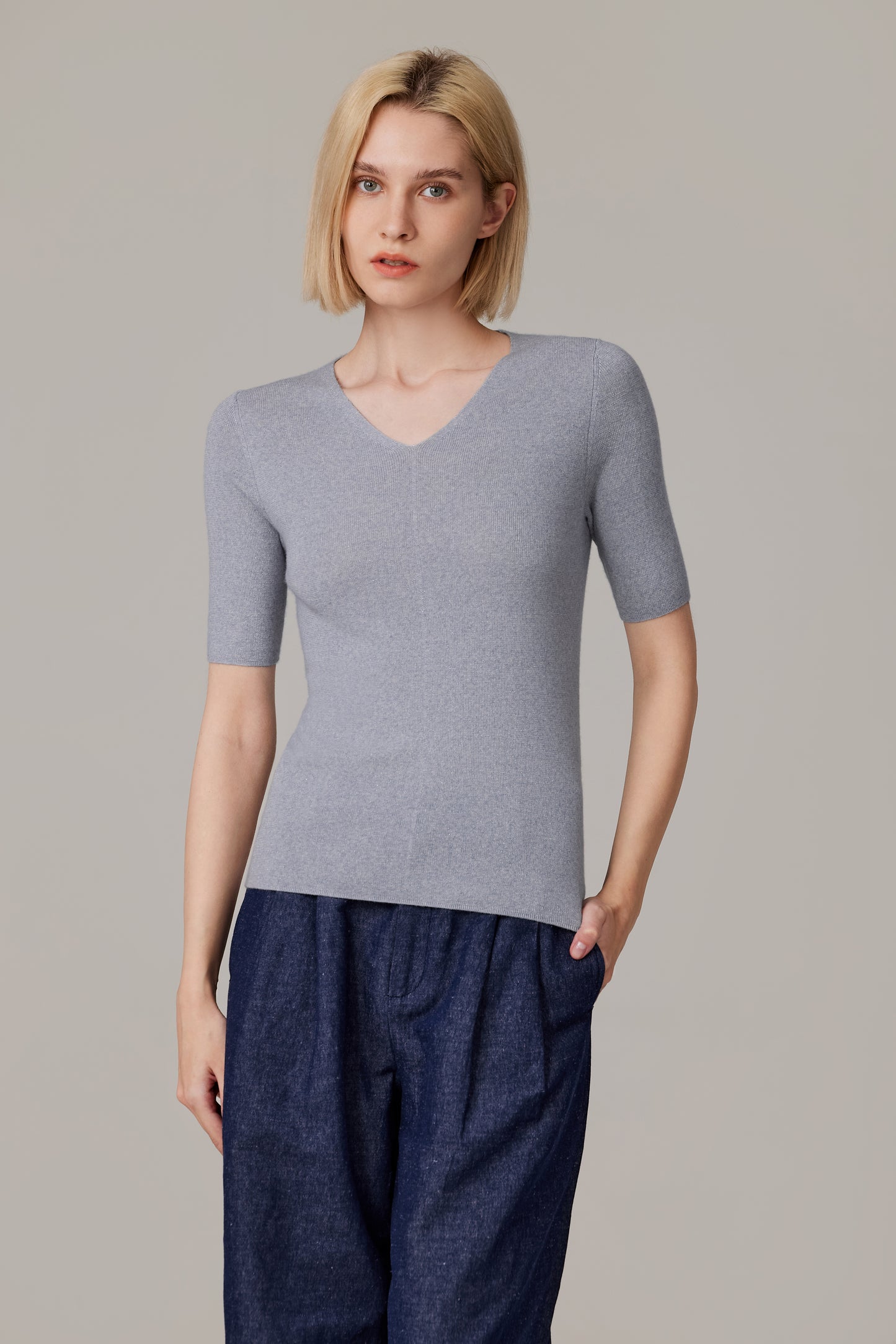 JENNIE LIU Women's Merino Wool Lurex Sweater | Shimmer Fine gauge V-Neck Short Sleeve Top | Machine Washable Pullover for Women