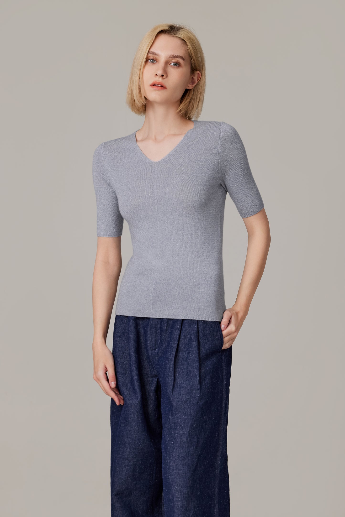JENNIE LIU Women's Merino Wool Lurex Sweater | Shimmer Fine gauge V-Neck Short Sleeve Top | Machine Washable Pullover for Women