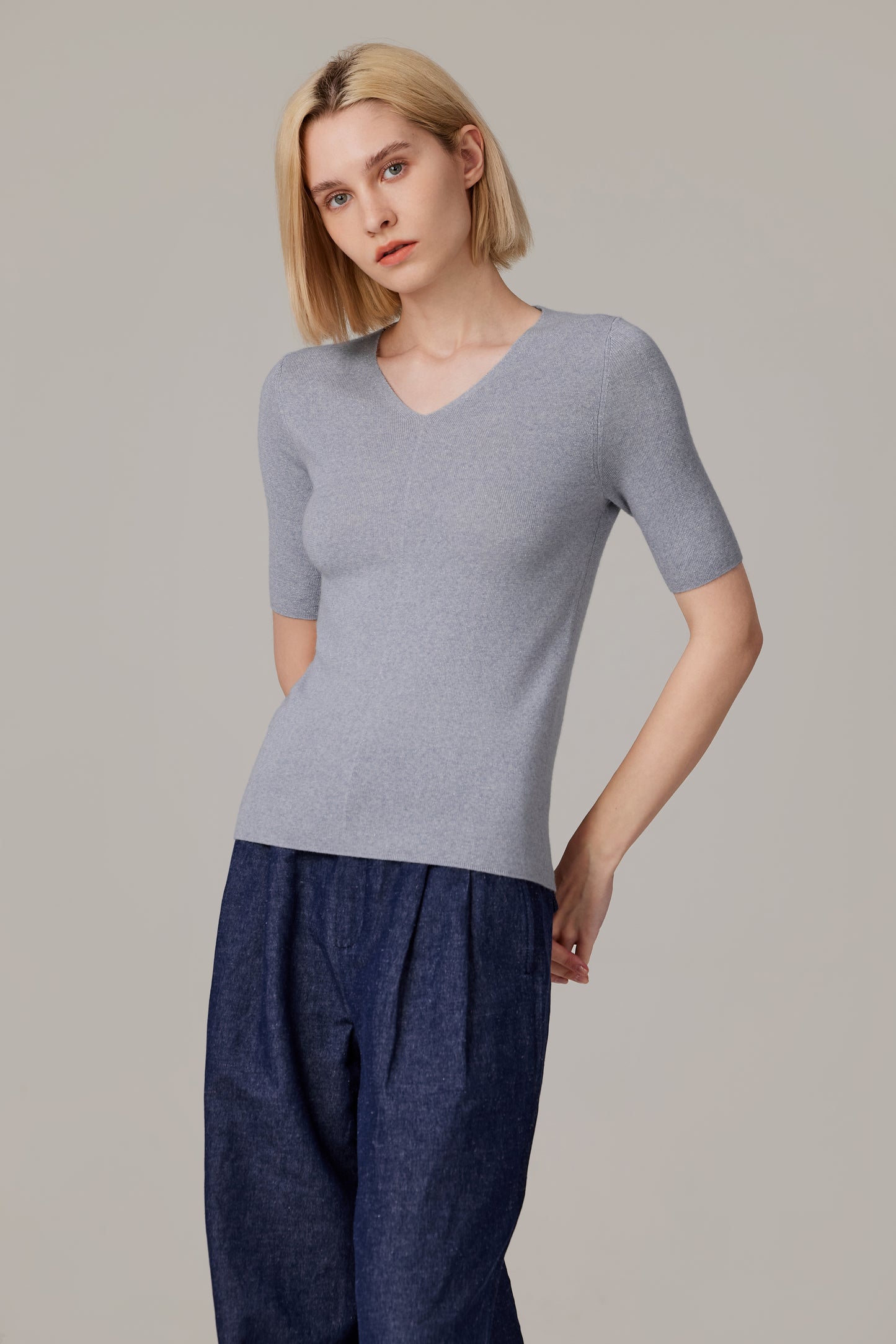 JENNIE LIU Women's Merino Wool Lurex Sweater | Shimmer Fine gauge V-Neck Short Sleeve Top | Machine Washable Pullover for Women