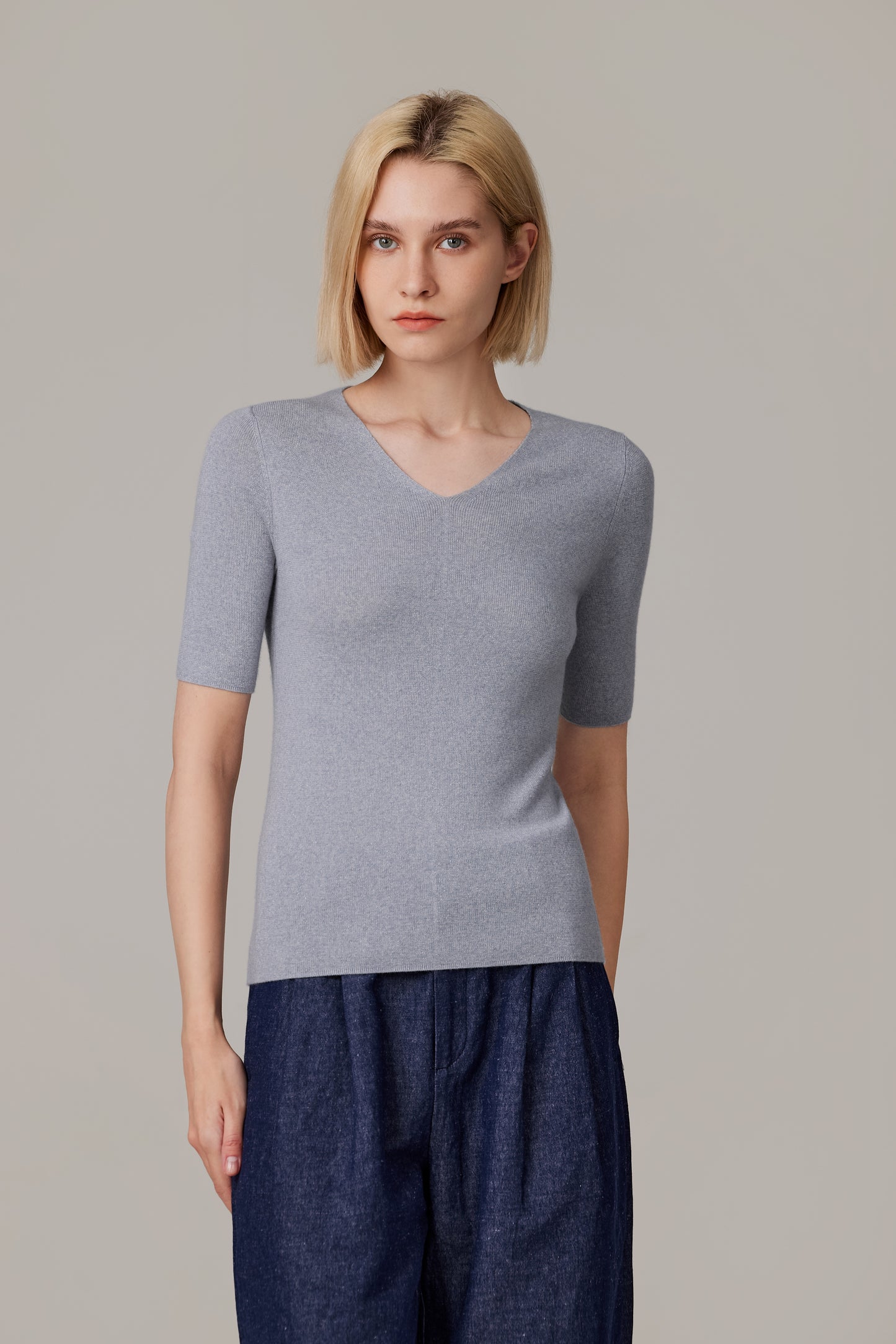 JENNIE LIU Women's Merino Wool Lurex Sweater | Shimmer Fine gauge V-Neck Short Sleeve Top | Machine Washable Pullover for Women