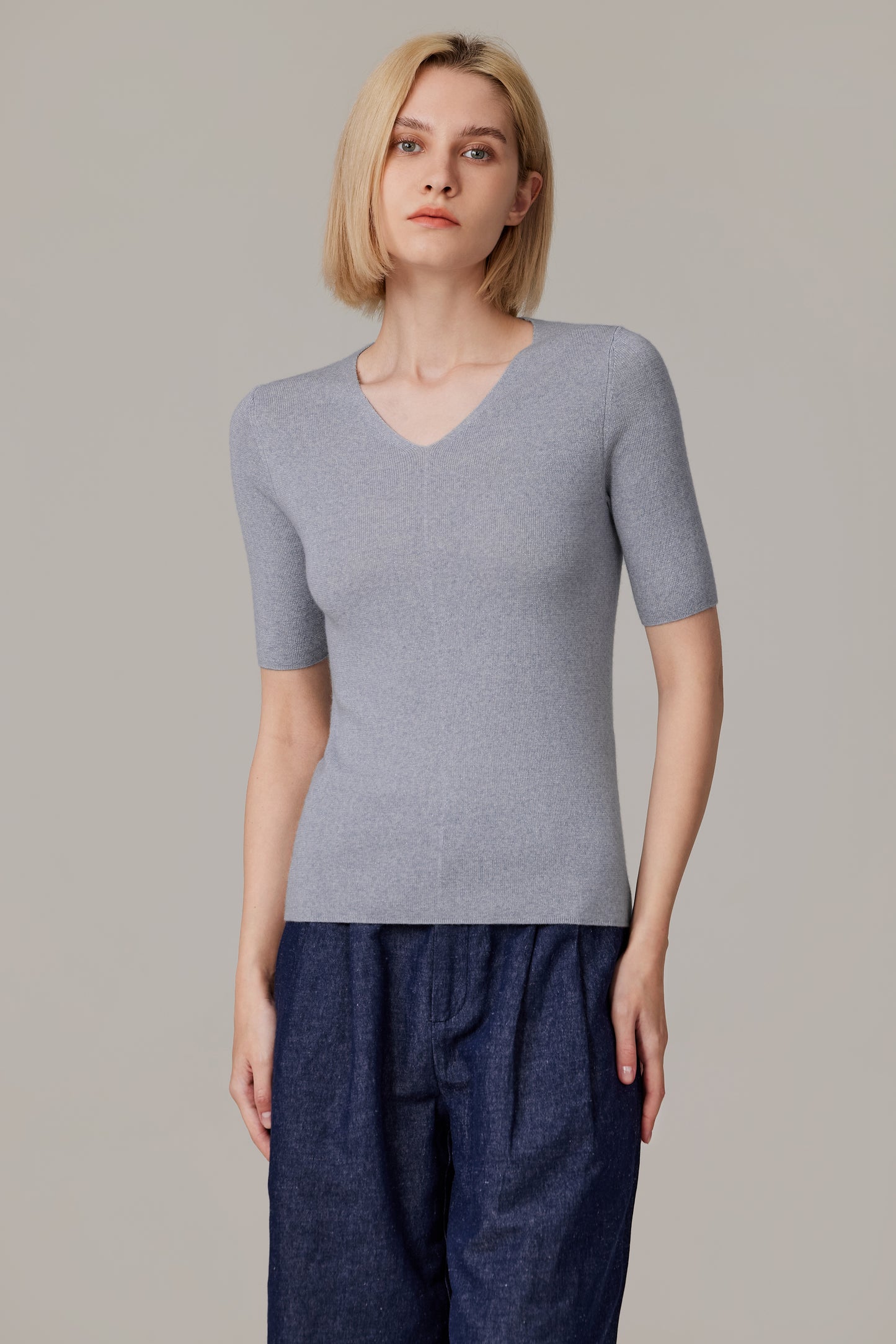 JENNIE LIU Women's Merino Wool Lurex Sweater | Shimmer Fine gauge V-Neck Short Sleeve Top | Machine Washable Pullover for Women