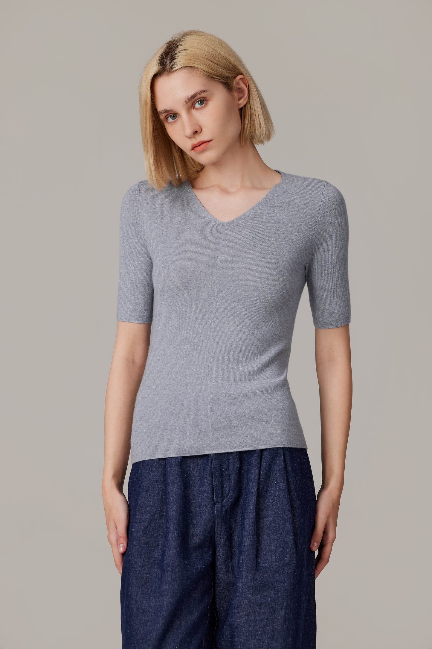 JENNIE LIU Women's Merino Wool Lurex Sweater | Shimmer Fine gauge V-Neck Short Sleeve Top | Machine Washable Pullover for Women