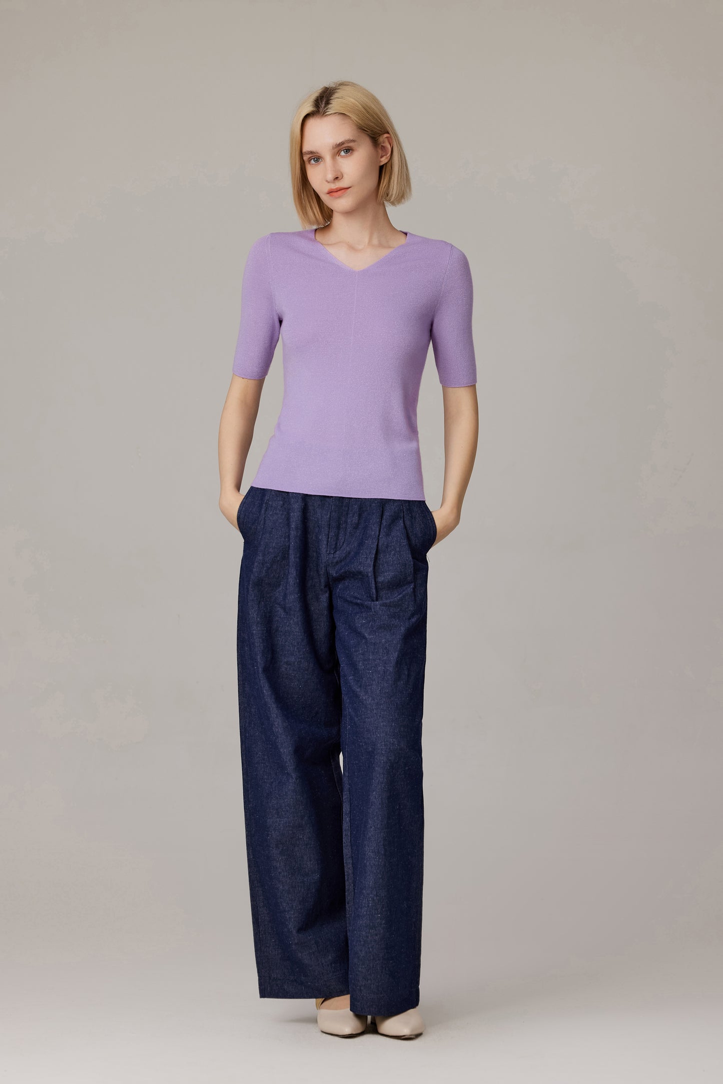 JENNIE LIU Women's Merino Wool Lurex Sweater | Shimmer Fine gauge V-Neck Short Sleeve Top | Machine Washable Pullover for Women