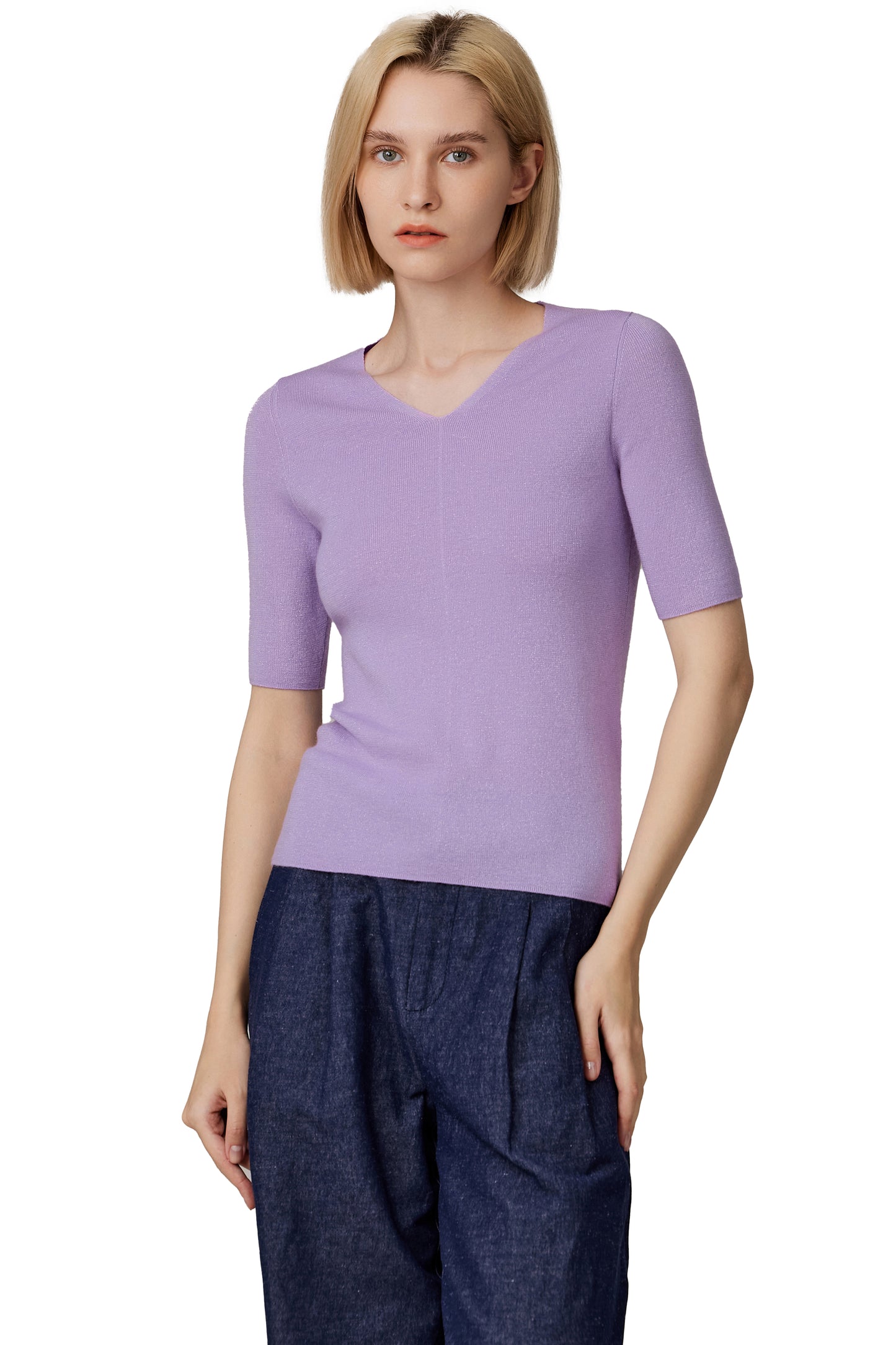 JENNIE LIU Women's Merino Wool Lurex Sweater | Shimmer Fine gauge V-Neck Short Sleeve Top | Machine Washable Pullover for Women