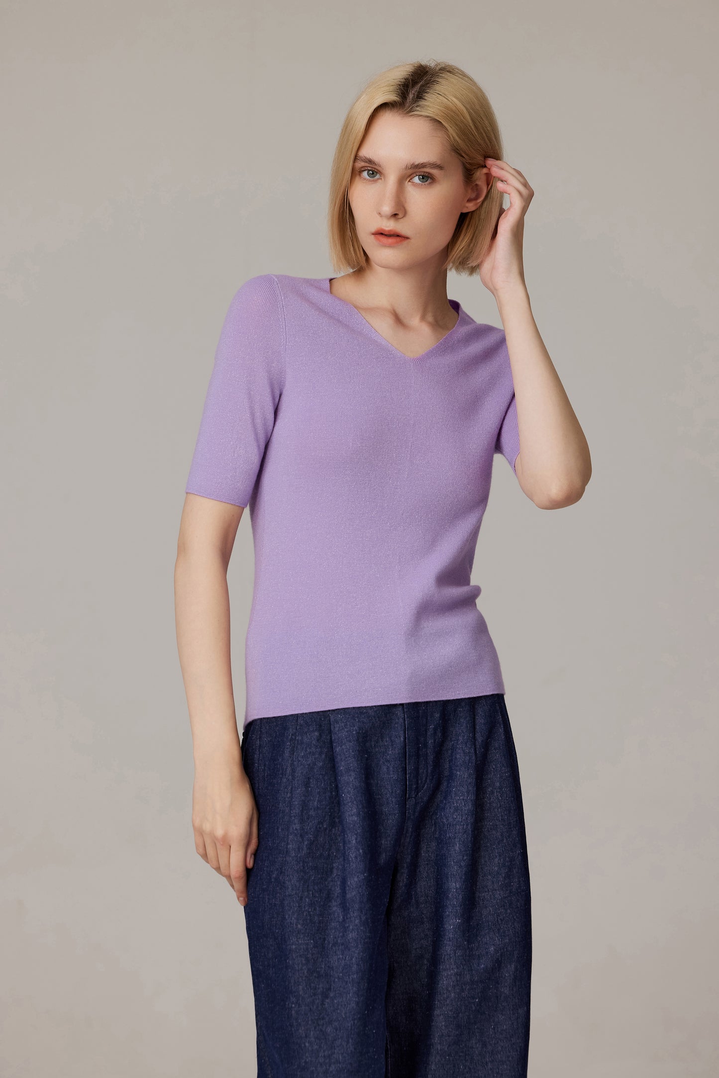 JENNIE LIU Women's Merino Wool Lurex Sweater | Shimmer Fine gauge V-Neck Short Sleeve Top | Machine Washable Pullover for Women