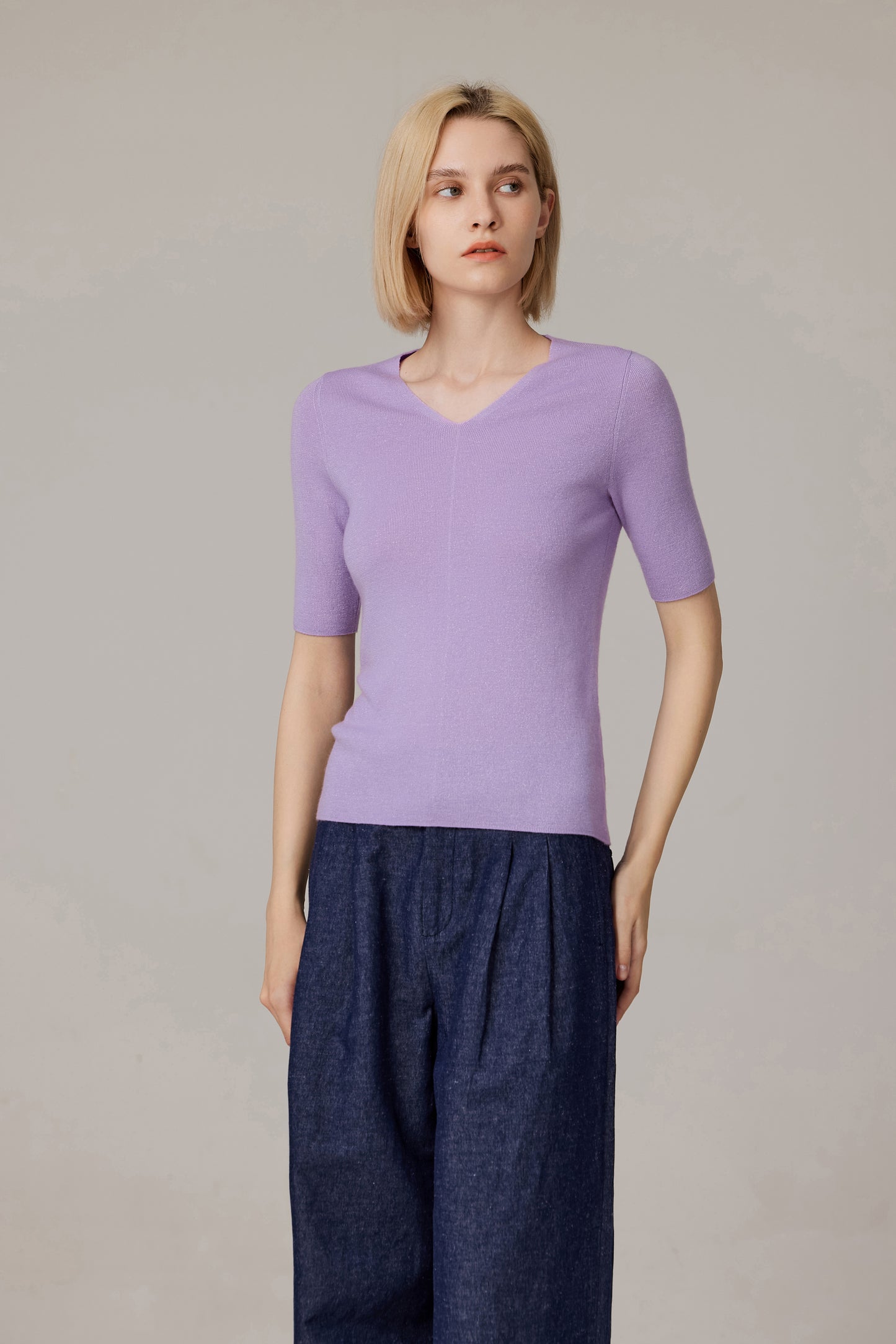 JENNIE LIU Women's Merino Wool Lurex Sweater | Shimmer Fine gauge V-Neck Short Sleeve Top | Machine Washable Pullover for Women