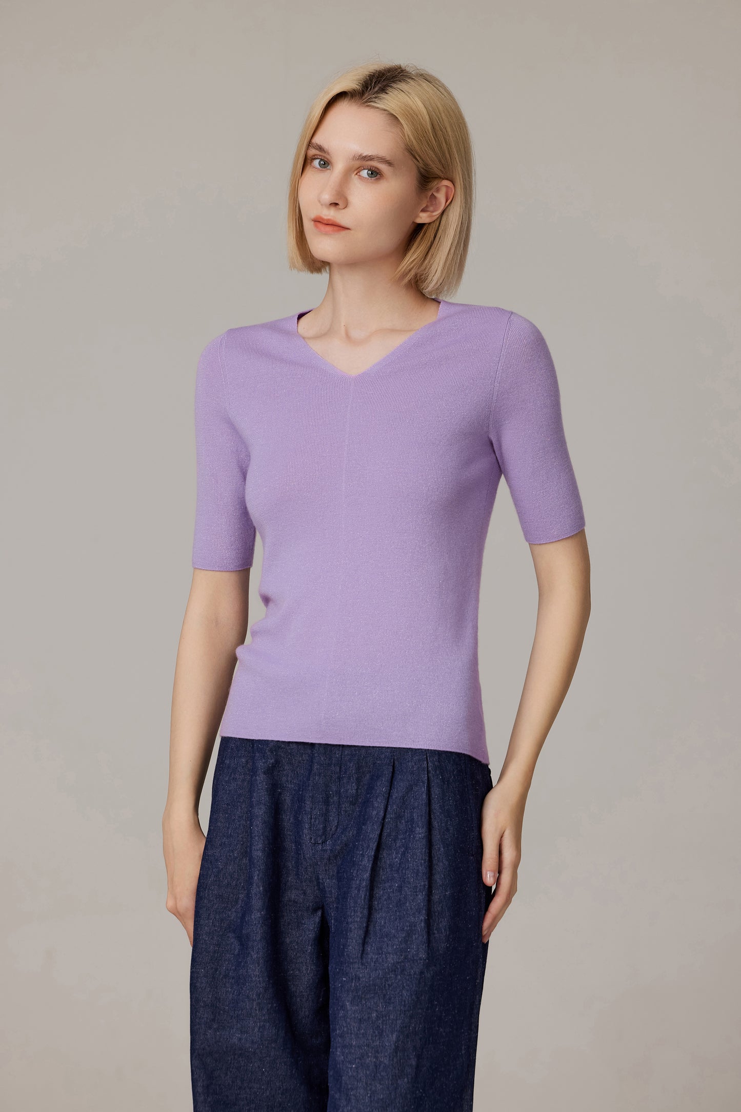 JENNIE LIU Women's Merino Wool Lurex Sweater | Shimmer Fine gauge V-Neck Short Sleeve Top | Machine Washable Pullover for Women