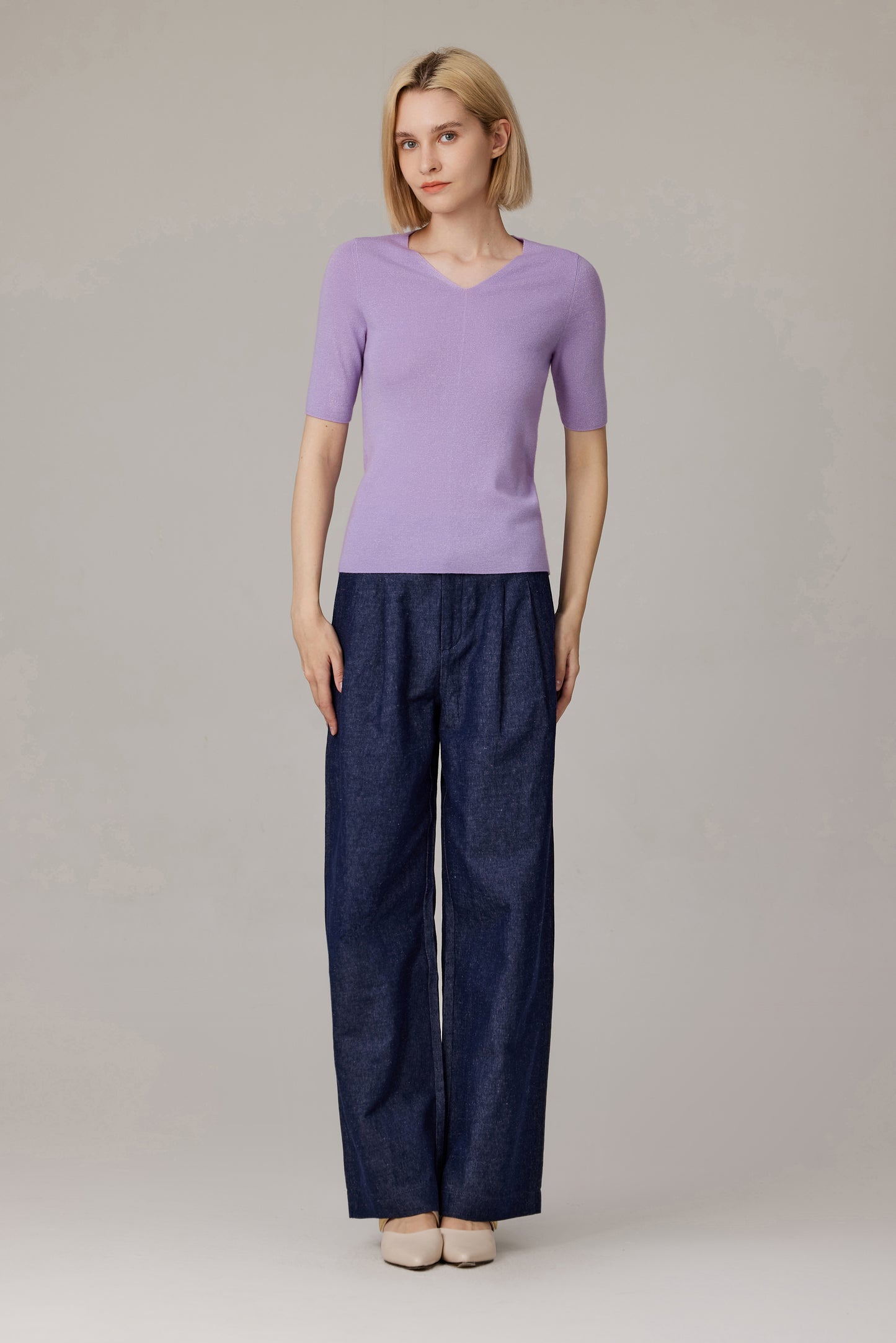 JENNIE LIU Women's Merino Wool Lurex Sweater | Shimmer Fine gauge V-Neck Short Sleeve Top | Machine Washable Pullover for Women