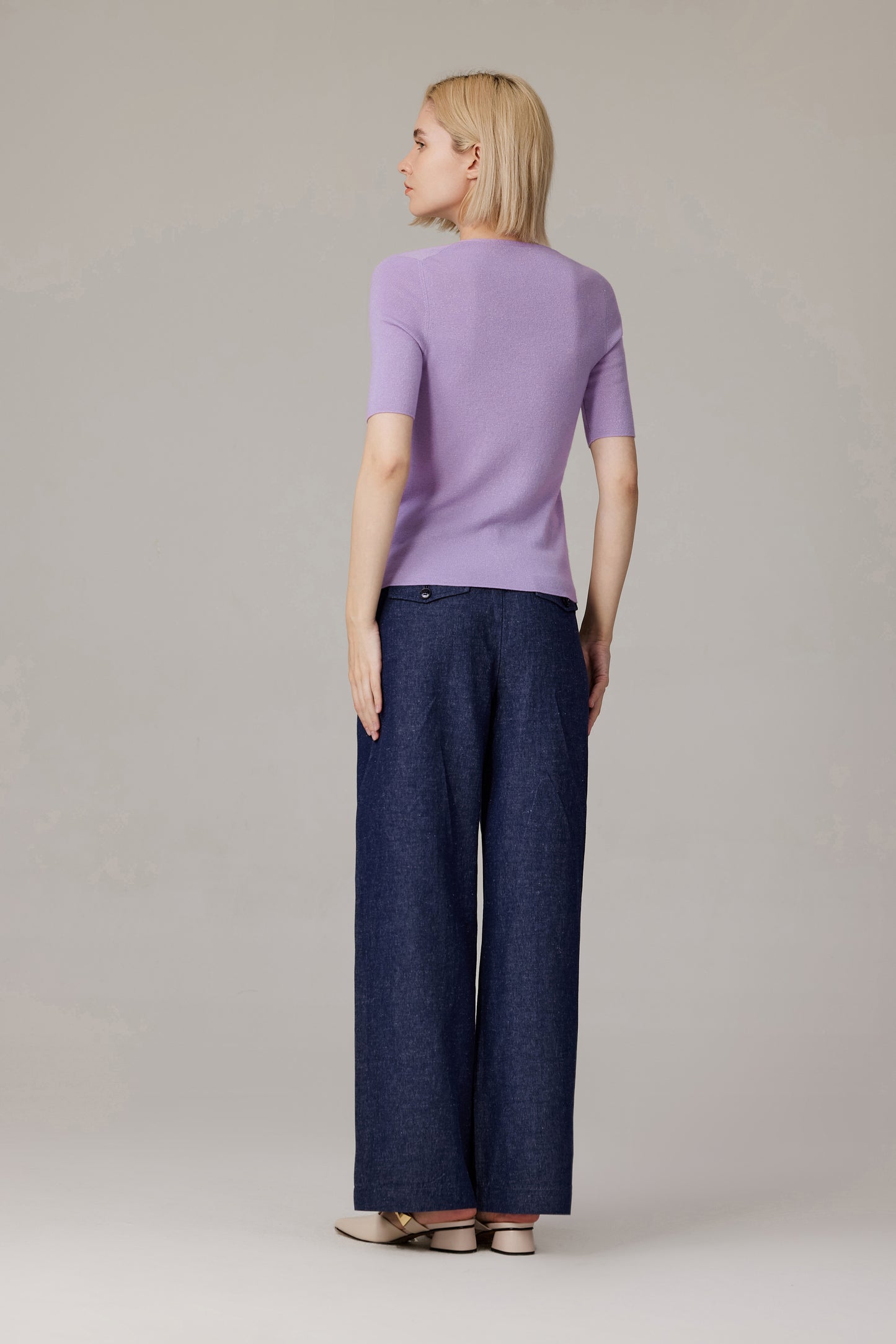 JENNIE LIU Women's Merino Wool Lurex Sweater | Shimmer Fine gauge V-Neck Short Sleeve Top | Machine Washable Pullover for Women