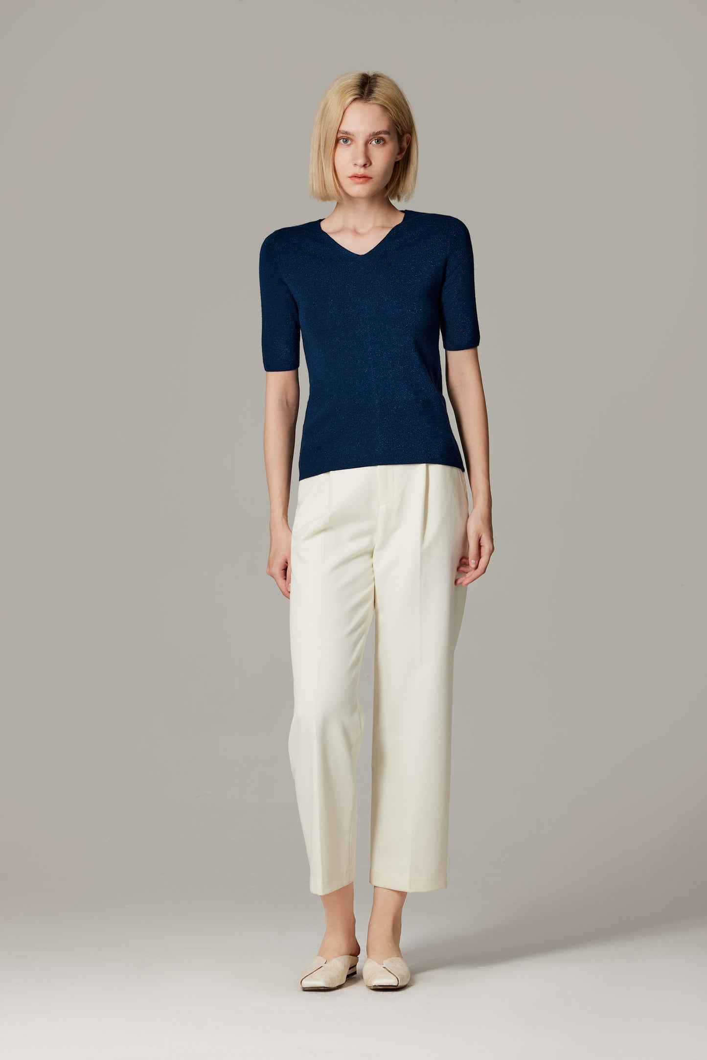 JENNIE LIU Women's Merino Wool Lurex Sweater | Shimmer Fine gauge V-Neck Short Sleeve Top | Machine Washable Pullover for Women