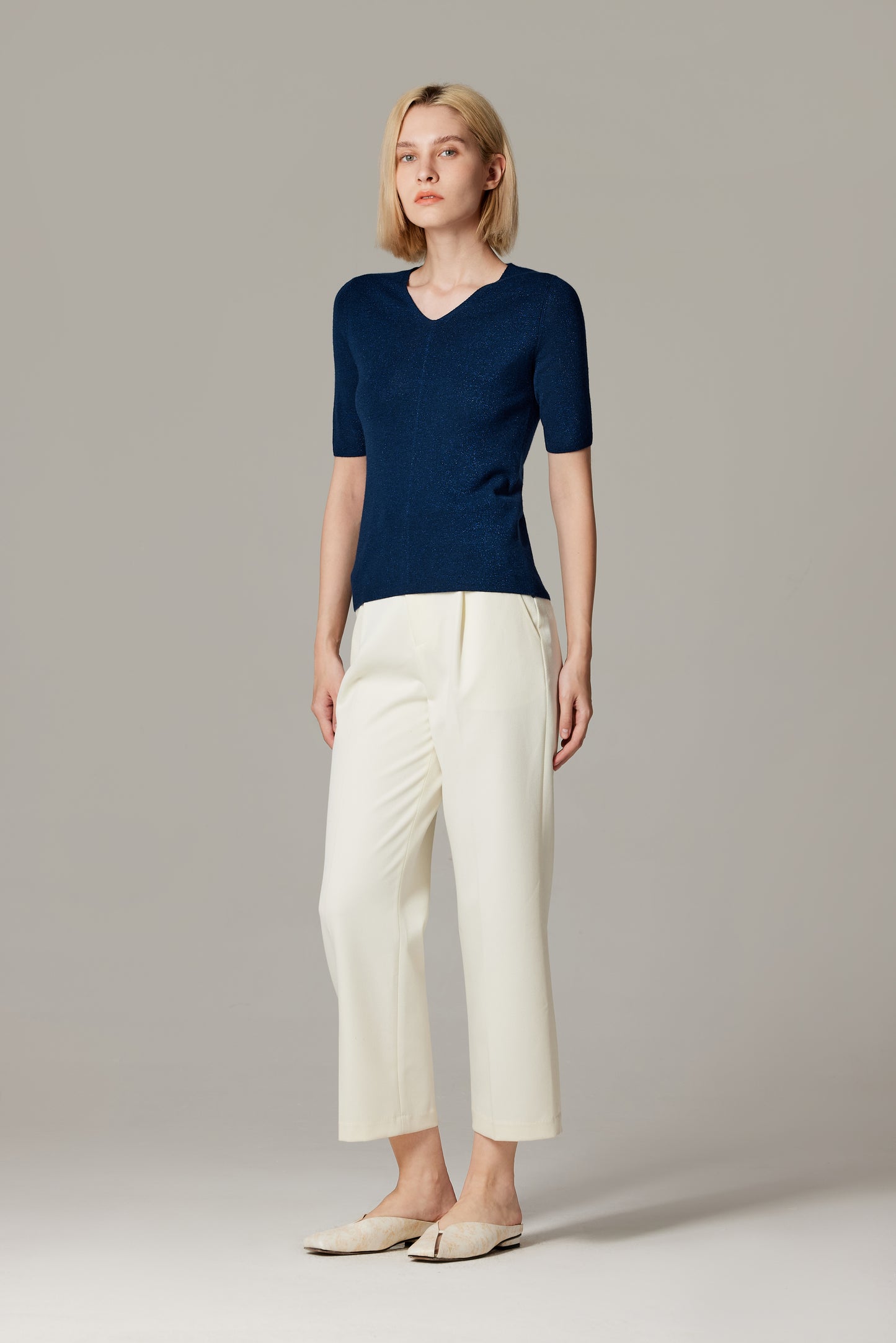 JENNIE LIU Women's Merino Wool Lurex Sweater | Shimmer Fine gauge V-Neck Short Sleeve Top | Machine Washable Pullover for Women