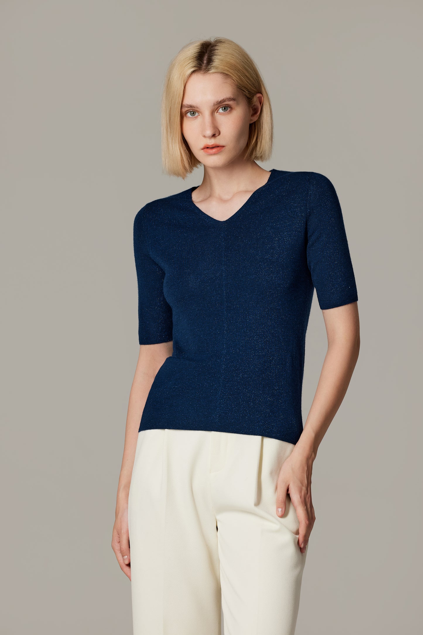 JENNIE LIU Women's Merino Wool Lurex Sweater | Shimmer Fine gauge V-Neck Short Sleeve Top | Machine Washable Pullover for Women