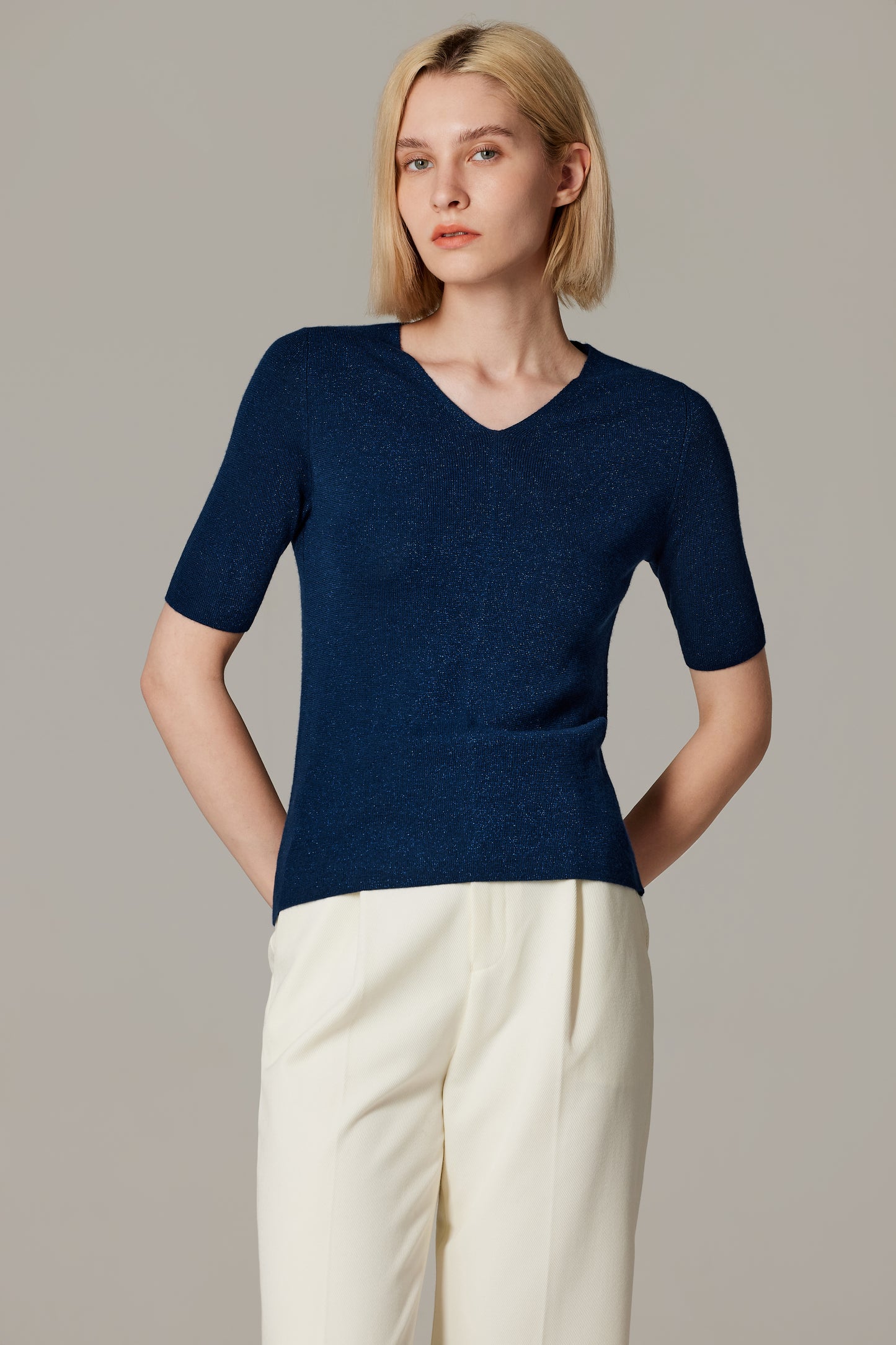 JENNIE LIU Women's Merino Wool Lurex Sweater | Shimmer Fine gauge V-Neck Short Sleeve Top | Machine Washable Pullover for Women