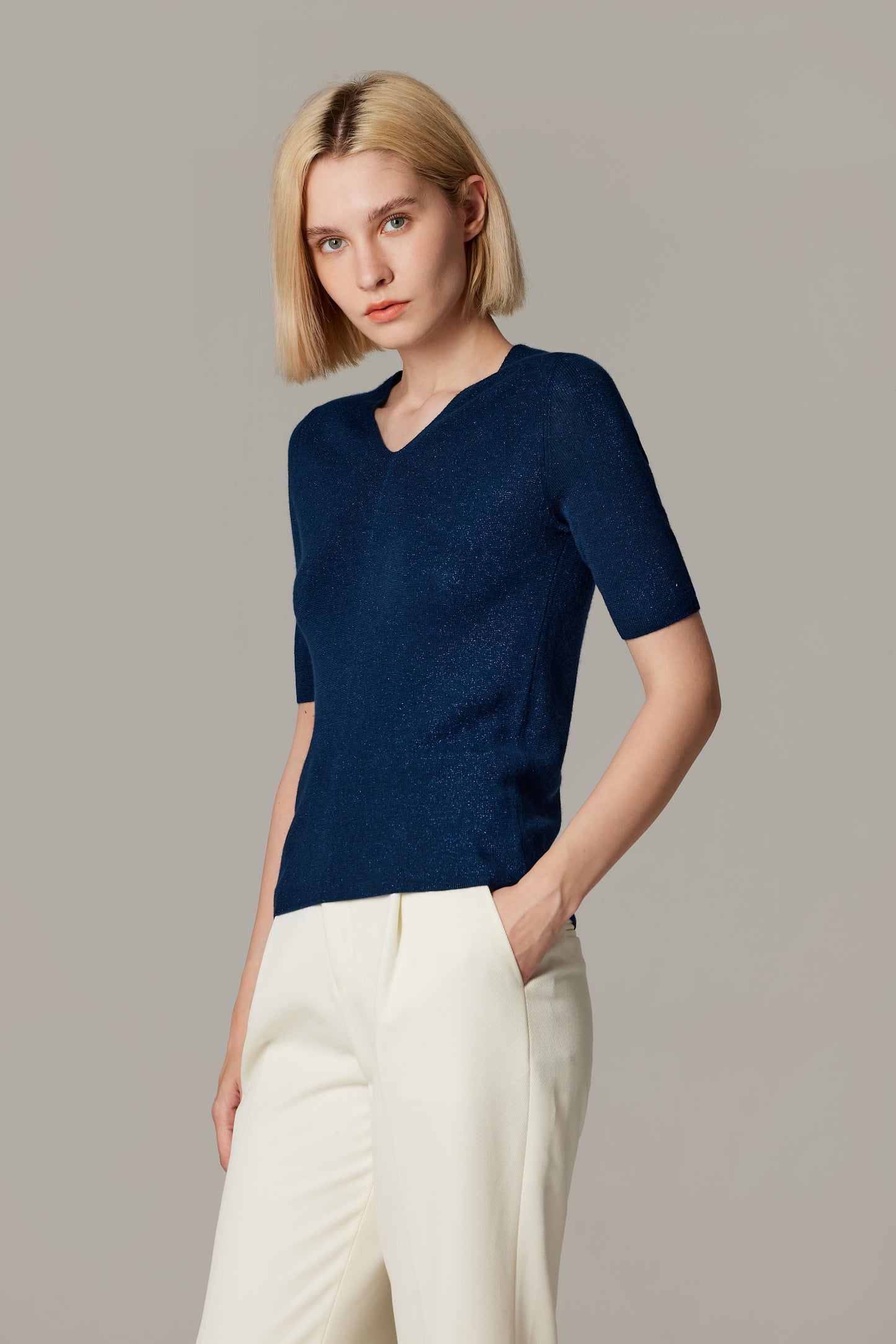 JENNIE LIU Women's Merino Wool Lurex Sweater | Shimmer Fine gauge V-Neck Short Sleeve Top | Machine Washable Pullover for Women