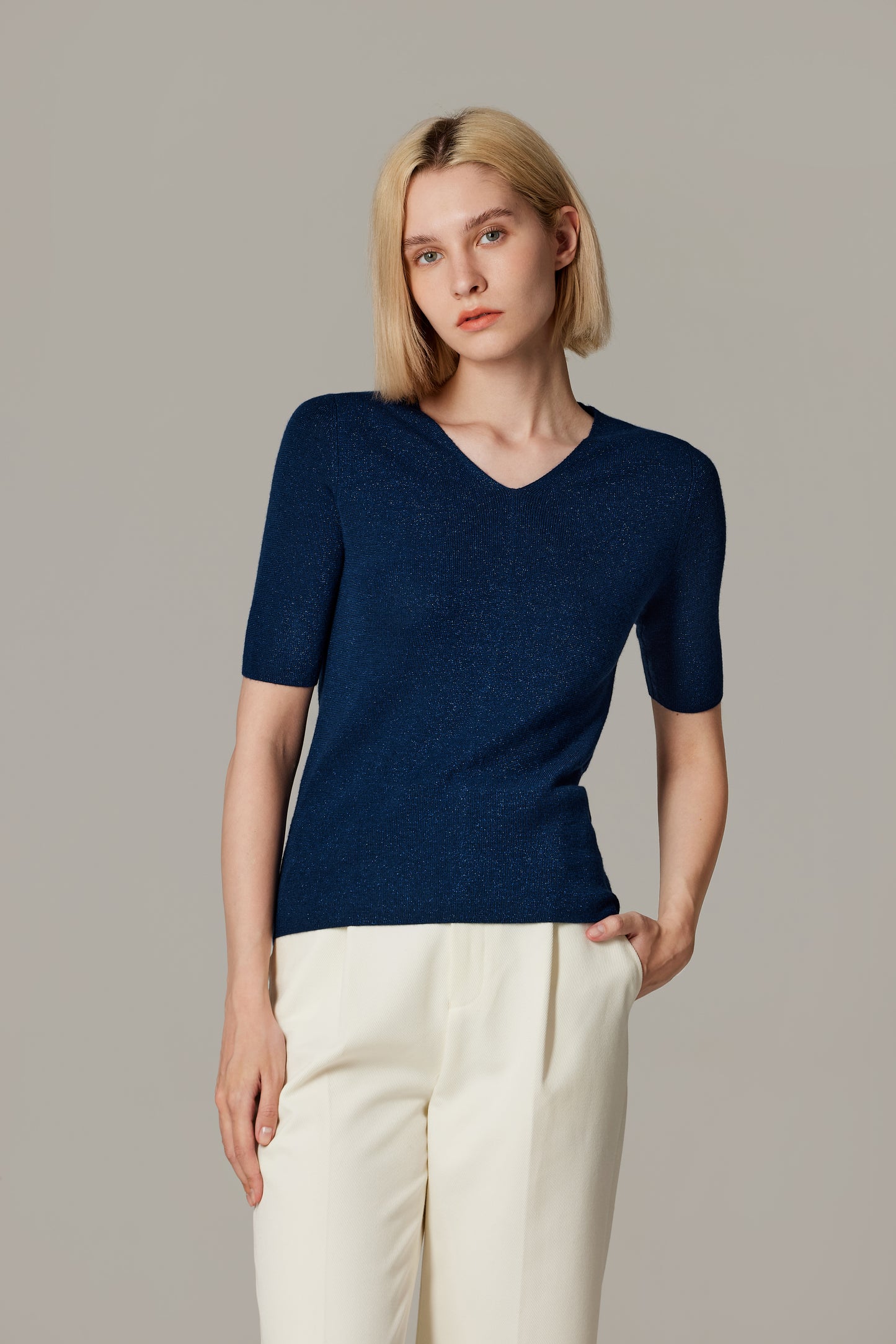 JENNIE LIU Women's Merino Wool Lurex Sweater | Shimmer Fine gauge V-Neck Short Sleeve Top | Machine Washable Pullover for Women