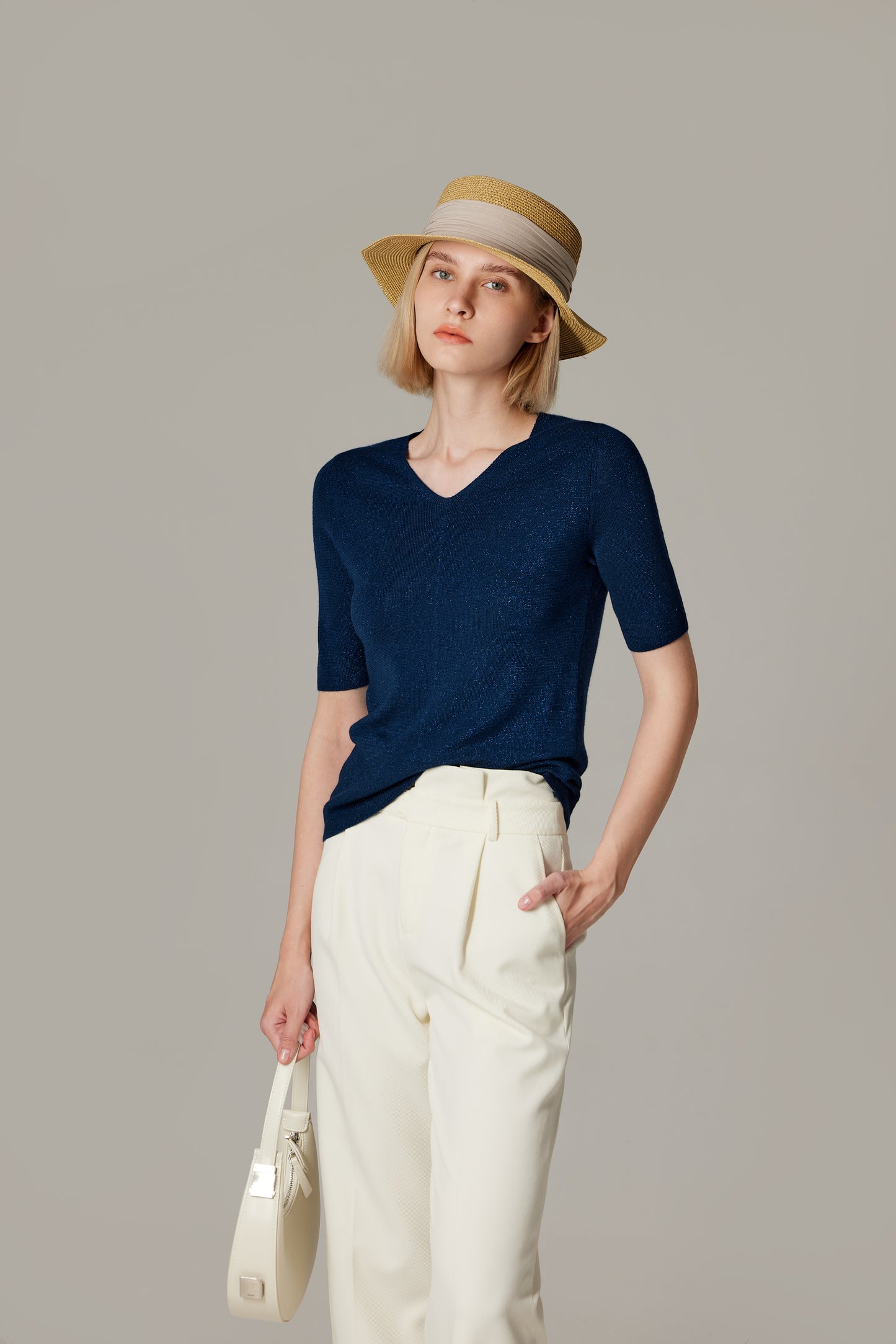 JENNIE LIU Women's Merino Wool Lurex Sweater | Shimmer Fine gauge V-Neck Short Sleeve Top | Machine Washable Pullover for Women