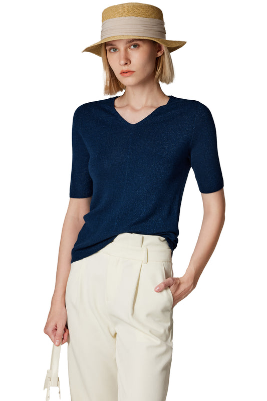 JENNIE LIU Women's Merino Wool Lurex Sweater | Shimmer Fine gauge V-Neck Short Sleeve Top | Machine Washable Pullover for Women