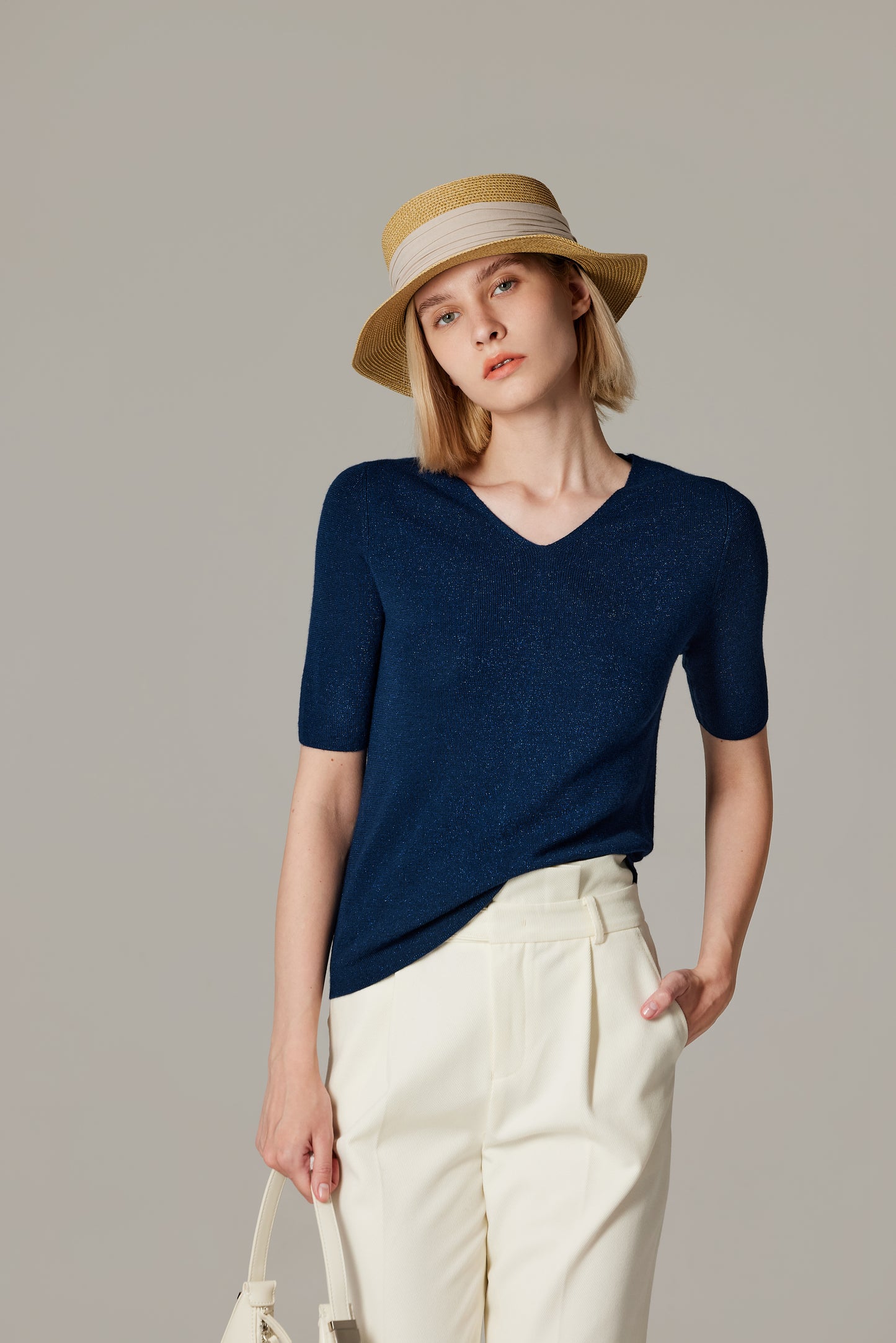 JENNIE LIU Women's Merino Wool Lurex Sweater | Shimmer Fine gauge V-Neck Short Sleeve Top | Machine Washable Pullover for Women