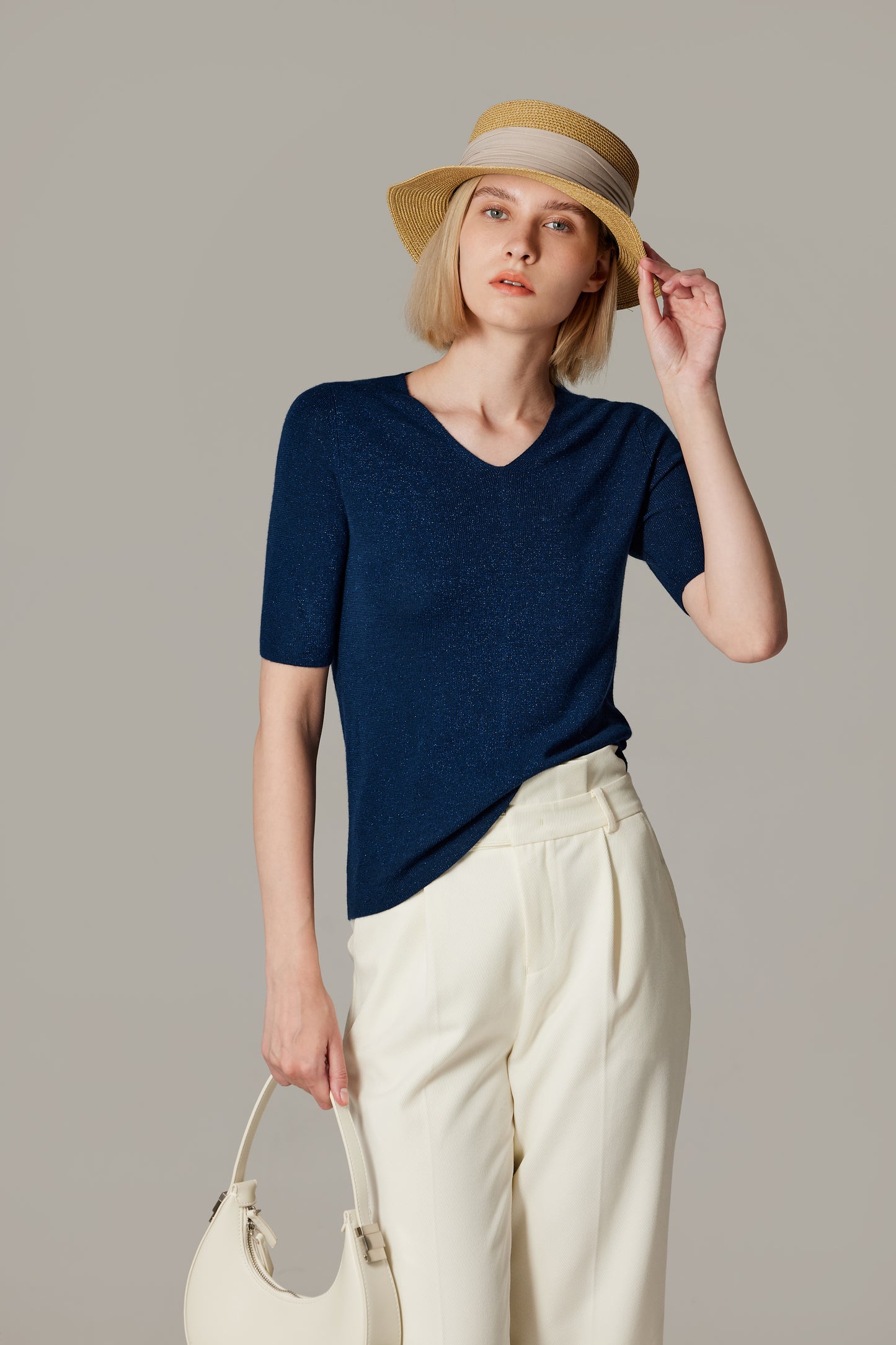 JENNIE LIU Women's Merino Wool Lurex Sweater | Shimmer Fine gauge V-Neck Short Sleeve Top | Machine Washable Pullover for Women