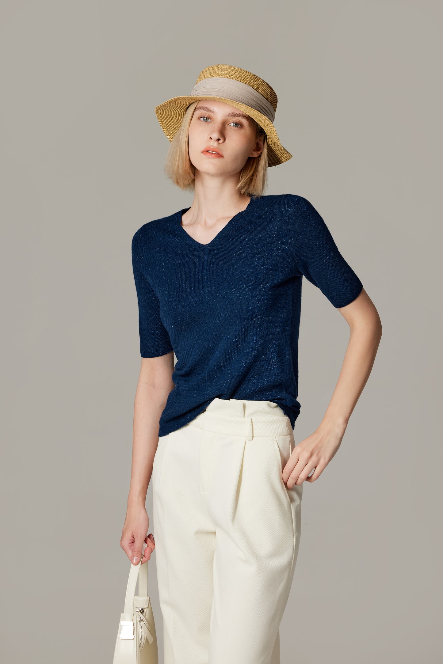 JENNIE LIU Women's Merino Wool Lurex Sweater | Shimmer Fine gauge V-Neck Short Sleeve Top | Machine Washable Pullover for Women