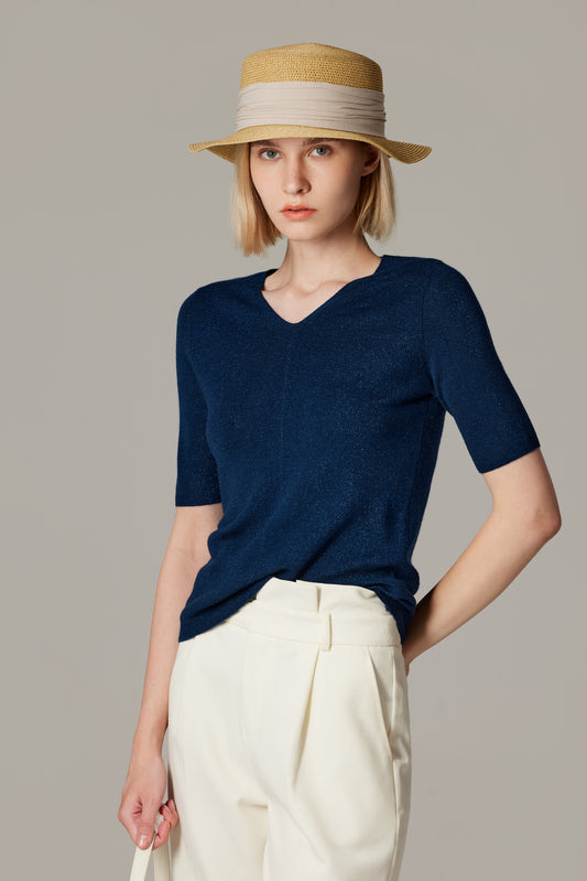 JENNIE LIU Women's Merino Wool Lurex Sweater | Shimmer Fine gauge V-Neck Short Sleeve Top | Machine Washable Pullover for Women