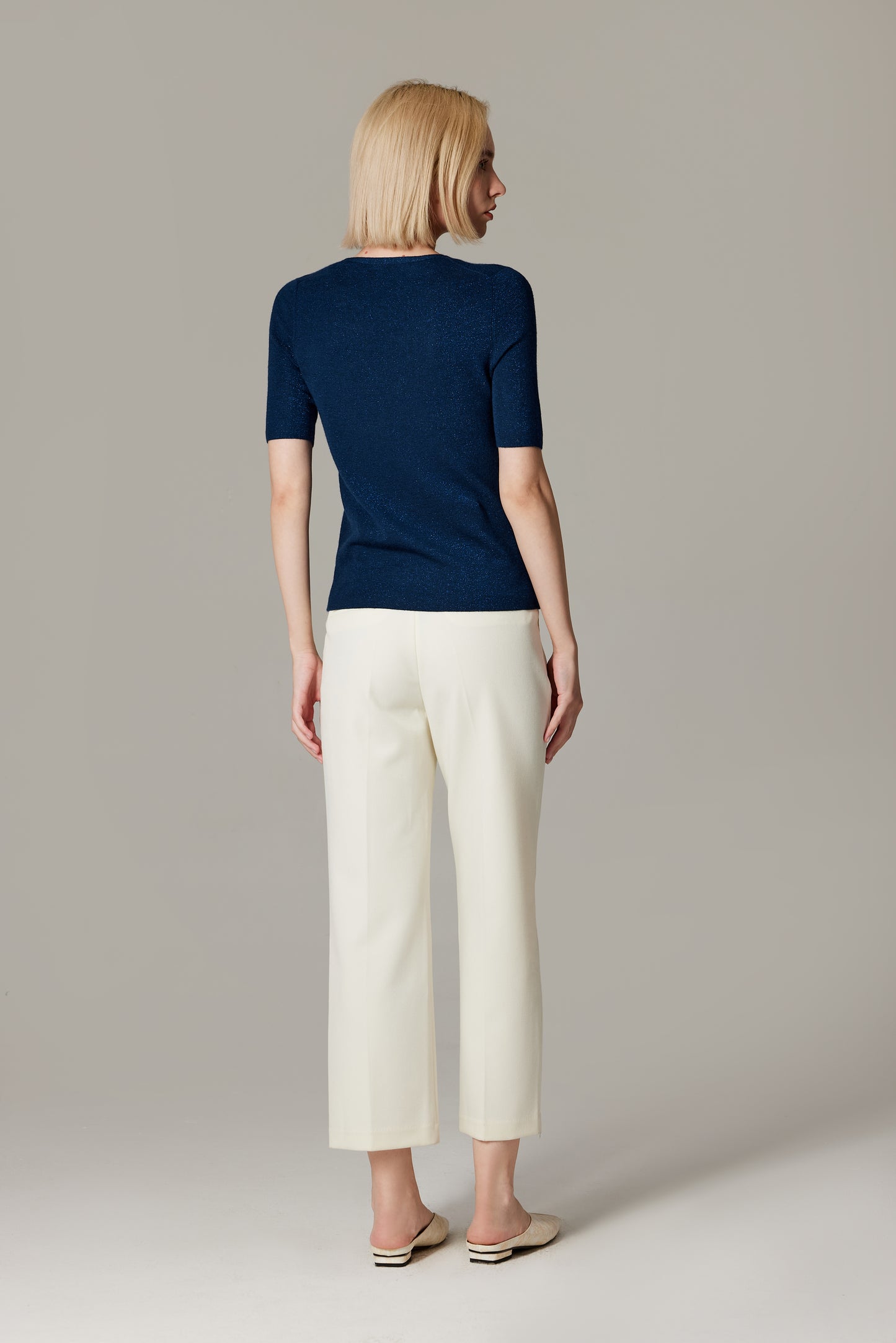 JENNIE LIU Women's Merino Wool Lurex Sweater | Shimmer Fine gauge V-Neck Short Sleeve Top | Machine Washable Pullover for Women