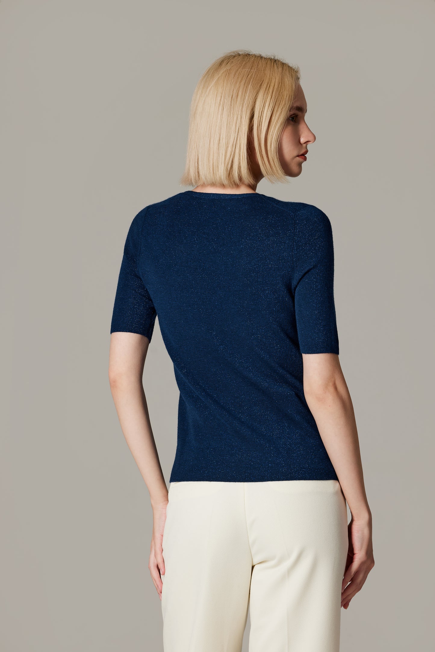 JENNIE LIU Women's Merino Wool Lurex Sweater | Shimmer Fine gauge V-Neck Short Sleeve Top | Machine Washable Pullover for Women