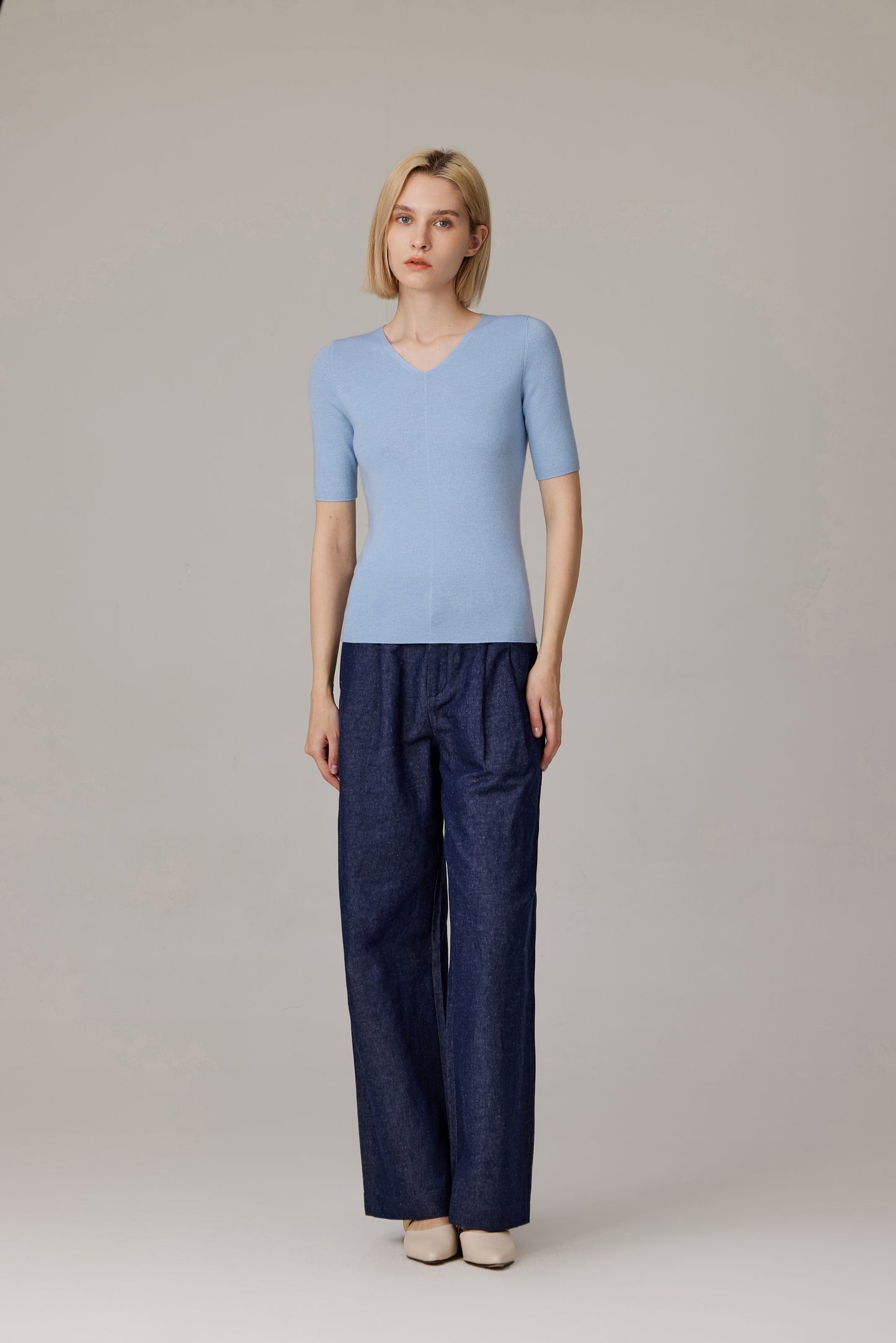 JENNIE LIU Women's Merino Wool Lurex Sweater | Shimmer Fine gauge V-Neck Short Sleeve Top | Machine Washable Pullover for Women