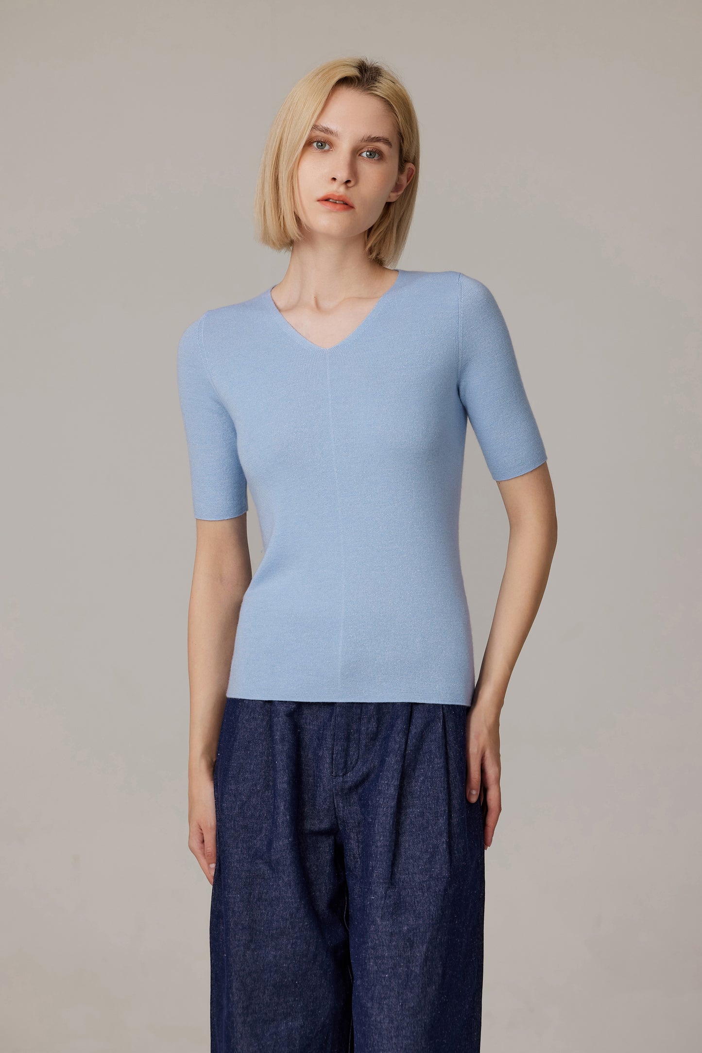 JENNIE LIU Women's Merino Wool Lurex Sweater | Shimmer Fine gauge V-Neck Short Sleeve Top | Machine Washable Pullover for Women