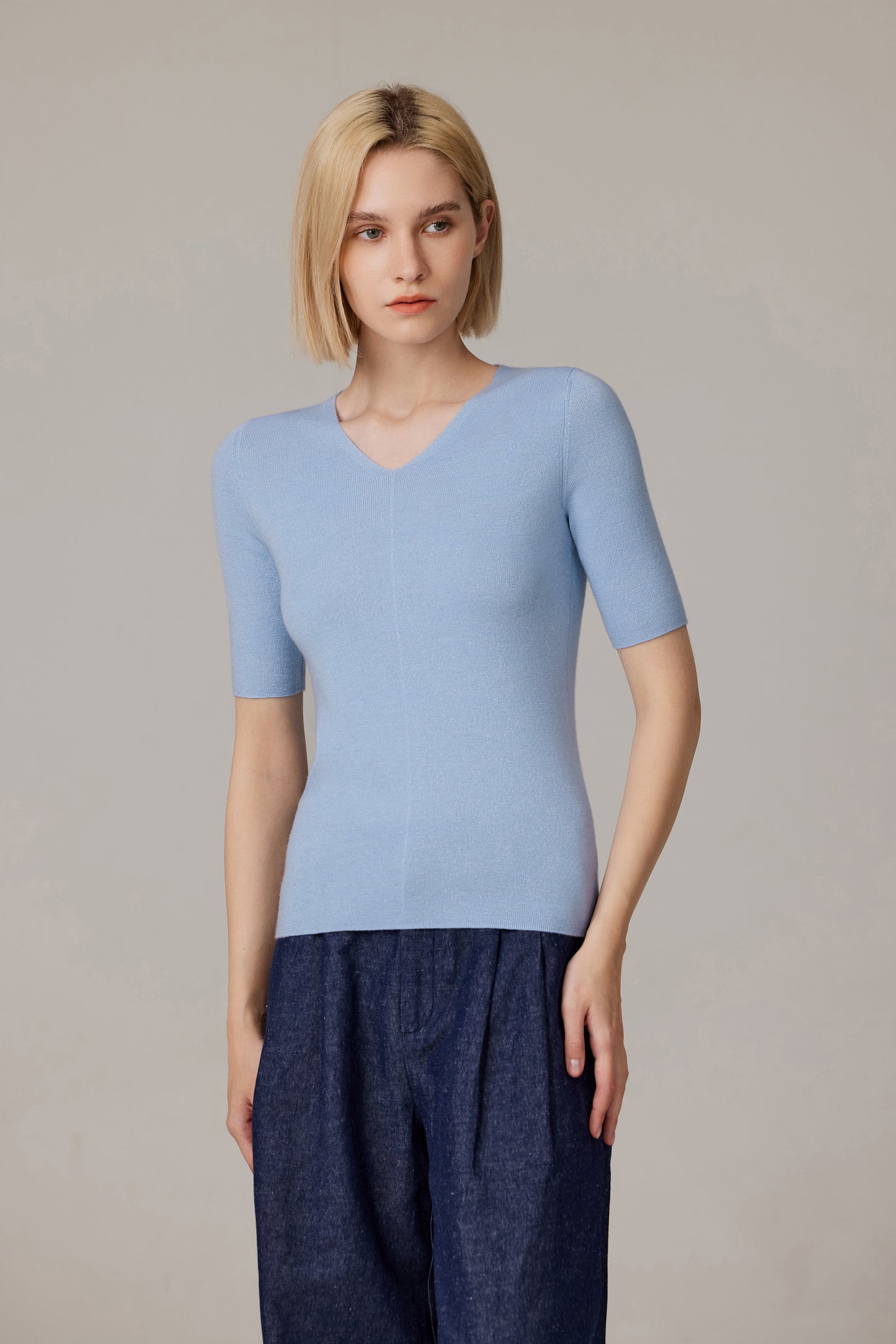 JENNIE LIU Women's Merino Wool Lurex Sweater | Shimmer Fine gauge V-Neck Short Sleeve Top | Machine Washable Pullover for Women