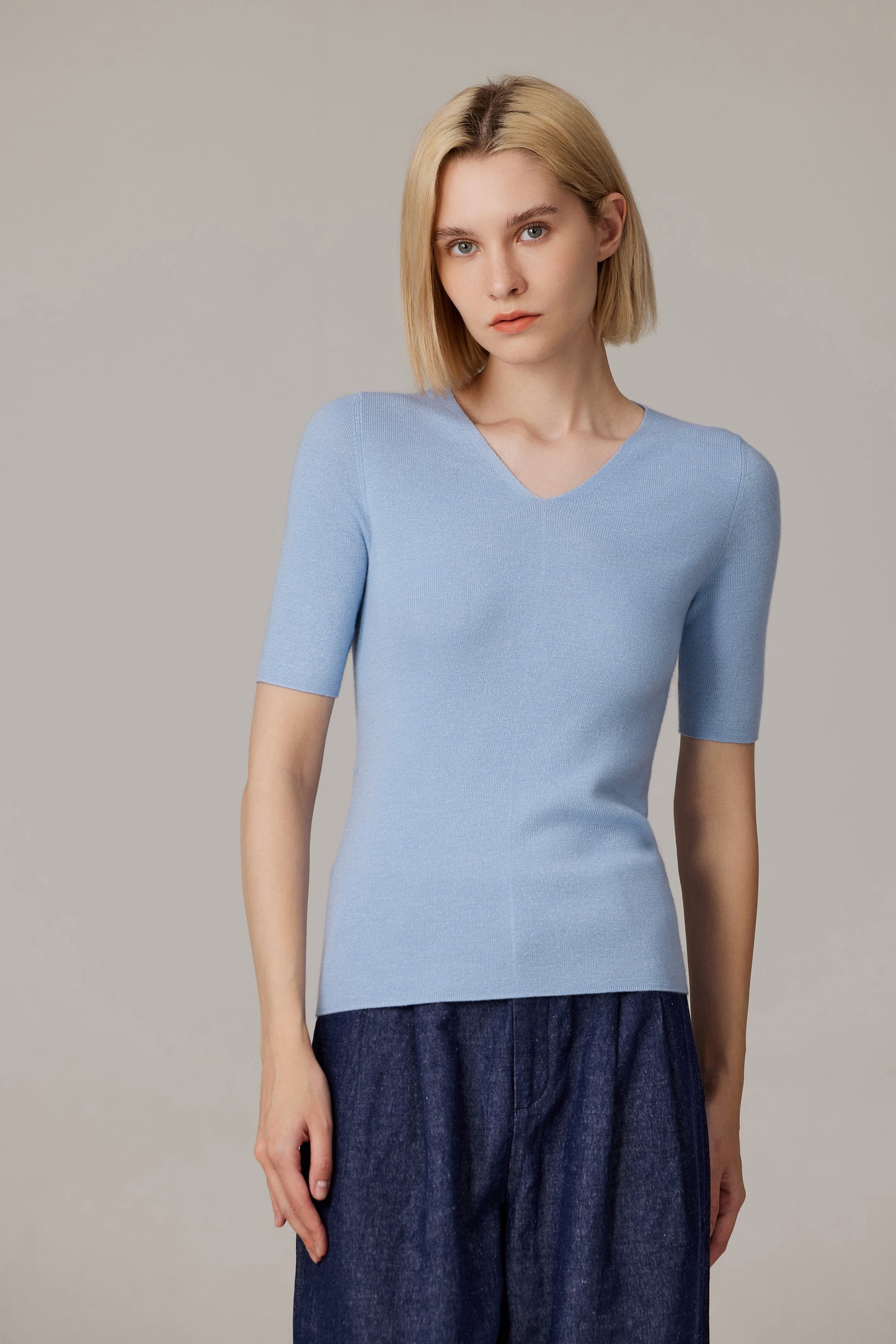 JENNIE LIU Women's Merino Wool Lurex Sweater | Shimmer Fine gauge V-Neck Short Sleeve Top | Machine Washable Pullover for Women