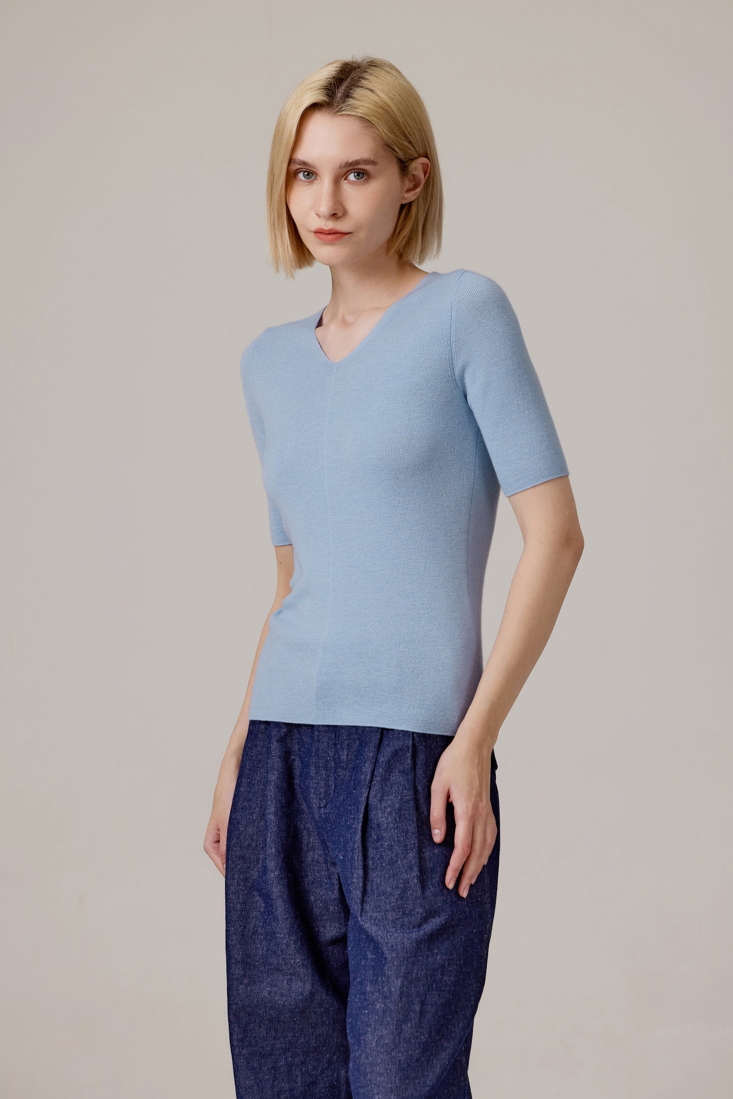 JENNIE LIU Women's Merino Wool Lurex Sweater | Shimmer Fine gauge V-Neck Short Sleeve Top | Machine Washable Pullover for Women