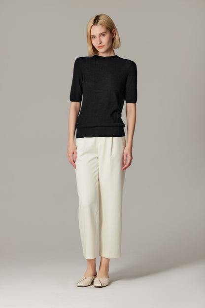 Women's Merino Silk Short Sleeve Funnel Neck Top in Black by JENNIE LIU