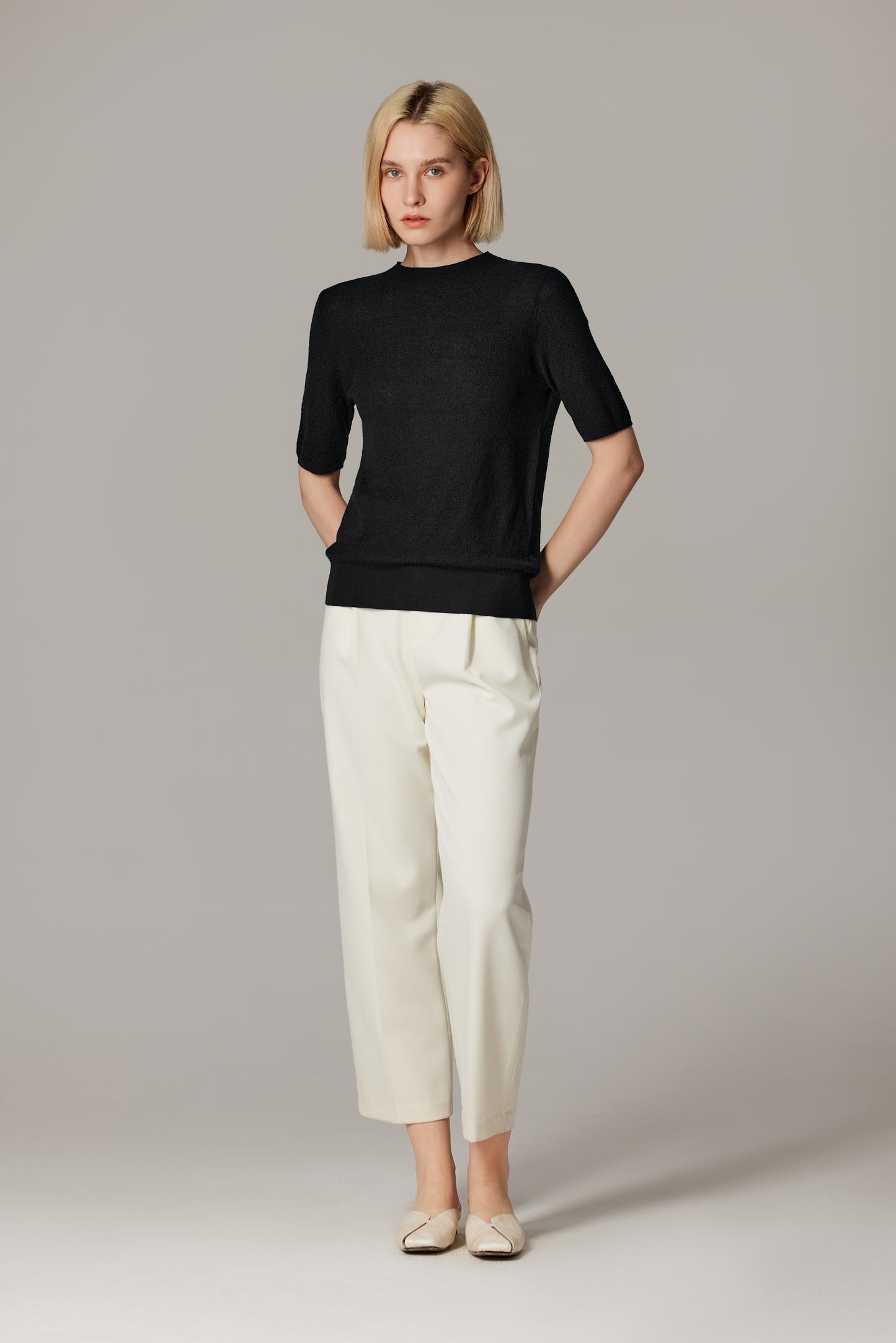 JENNIE LIU Women's Funnel Neck Short Sleeve Sweater | 75% Merino Wool 25% Silk Ultra Soft Fine-gauge Knit Top | Machine Washable