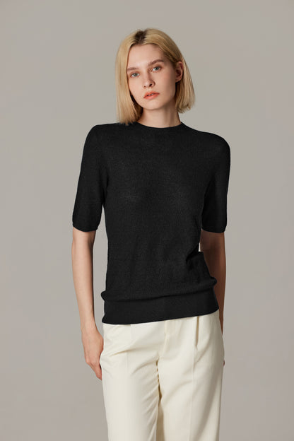 Women's Merino Silk Short Sleeve Funnel Neck Top in Black by JENNIE LIU