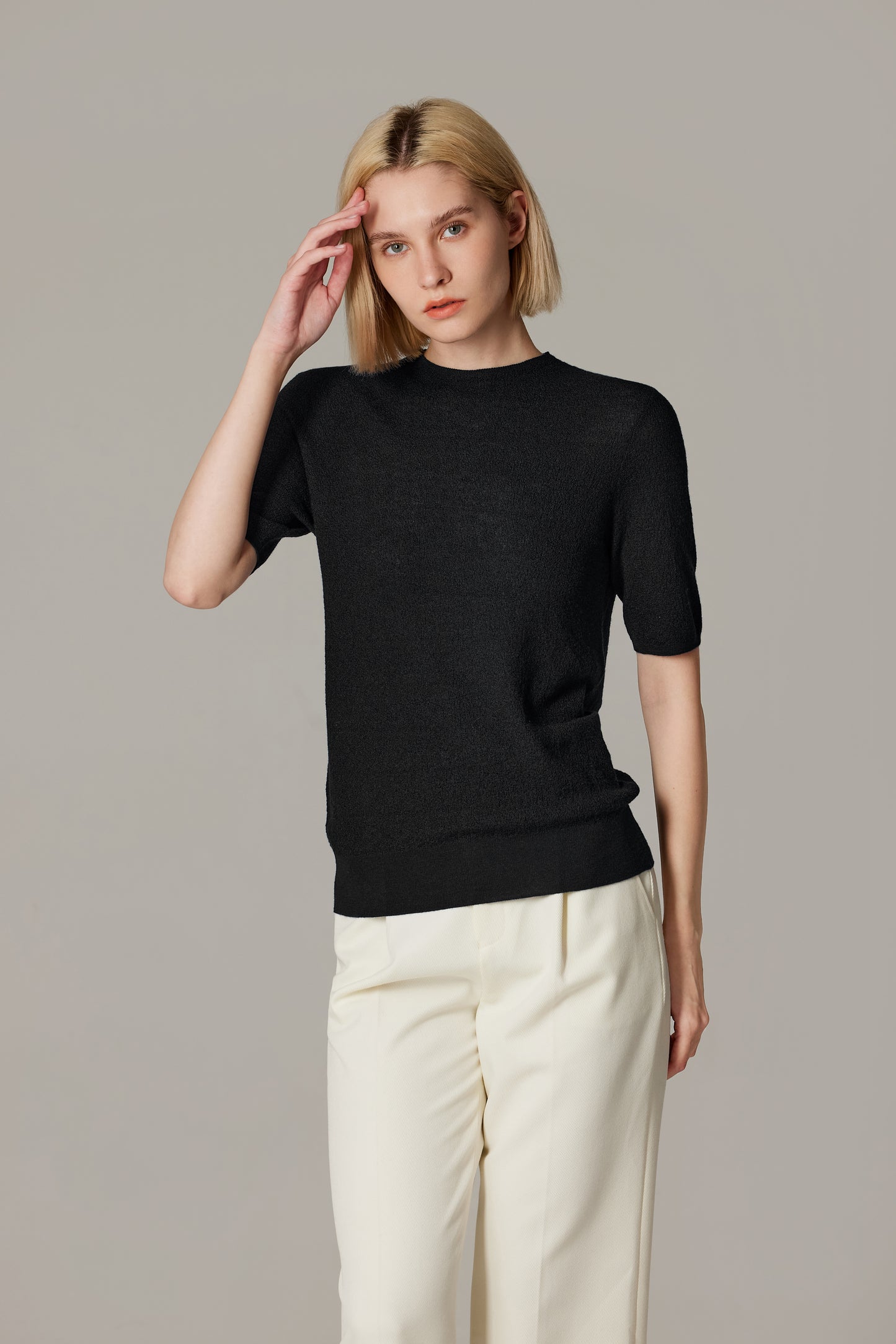 JENNIE LIU Women's Funnel Neck Short Sleeve Sweater | 75% Merino Wool 25% Silk Ultra Soft Fine-gauge Knit Top | Machine Washable