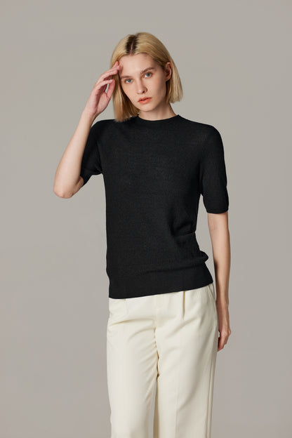 Women's Merino Silk Short Sleeve Funnel Neck Top in Black by JENNIE LIU