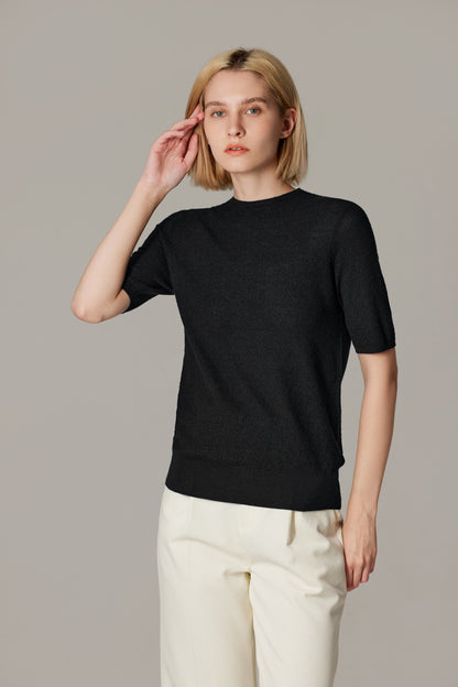 Women's Merino Silk Short Sleeve Funnel Neck Top in Black by JENNIE LIU