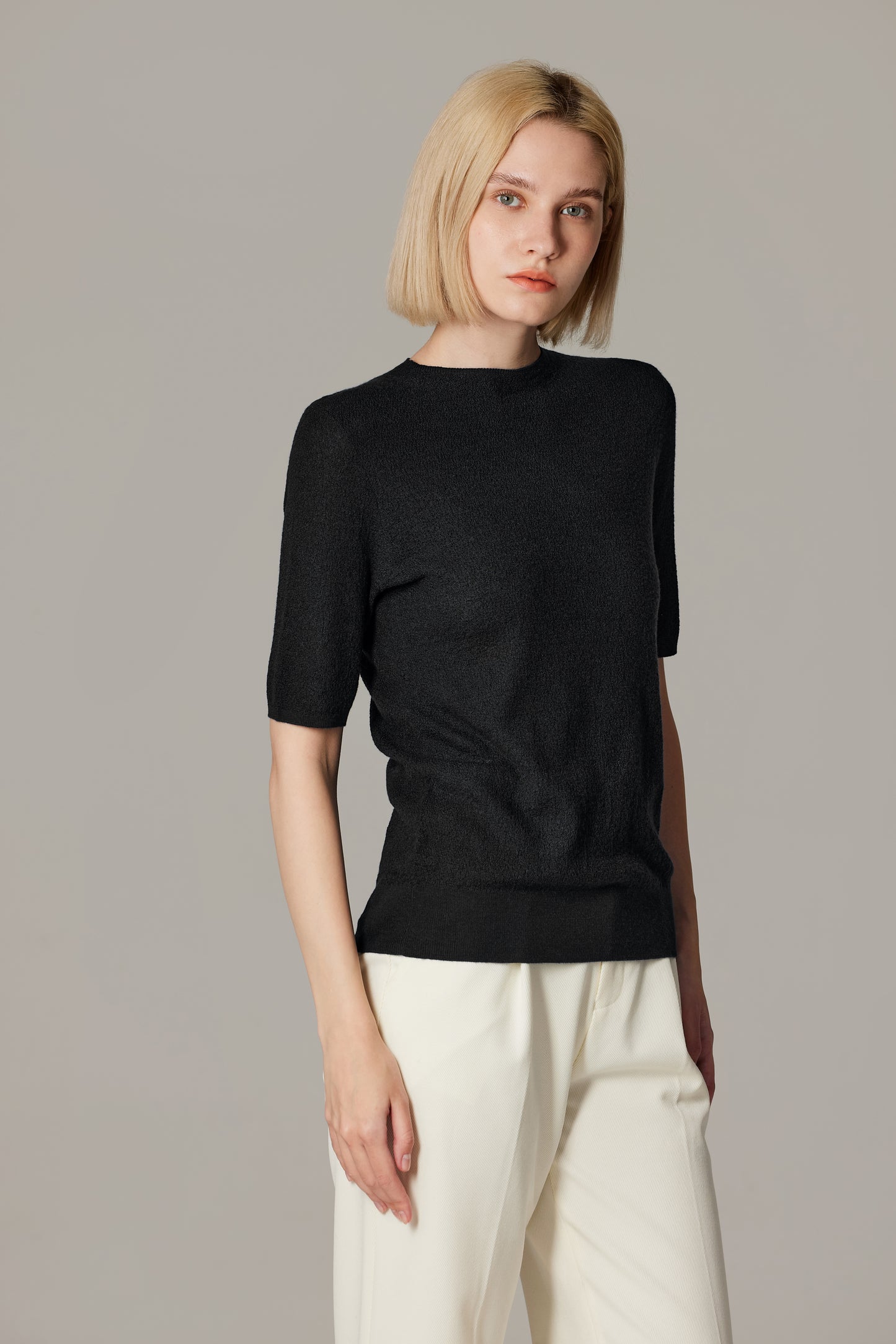 JENNIE LIU Women's Funnel Neck Short Sleeve Sweater | 75% Merino Wool 25% Silk Ultra Soft Fine-gauge Knit Top | Machine Washable