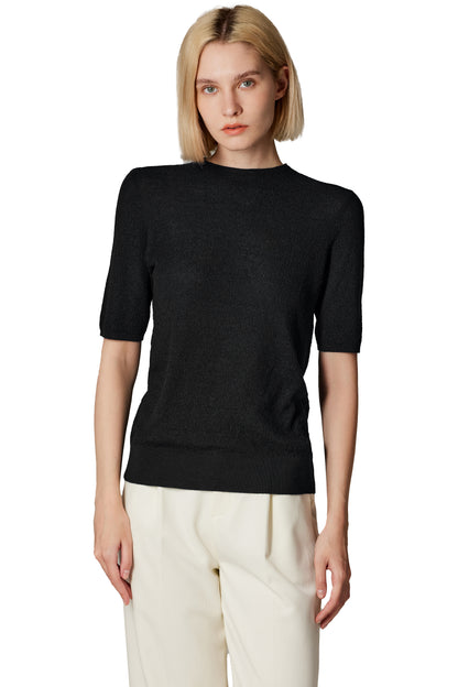 Women's Merino Silk Short Sleeve Funnel Neck Top in Black by JENNIE LIU
