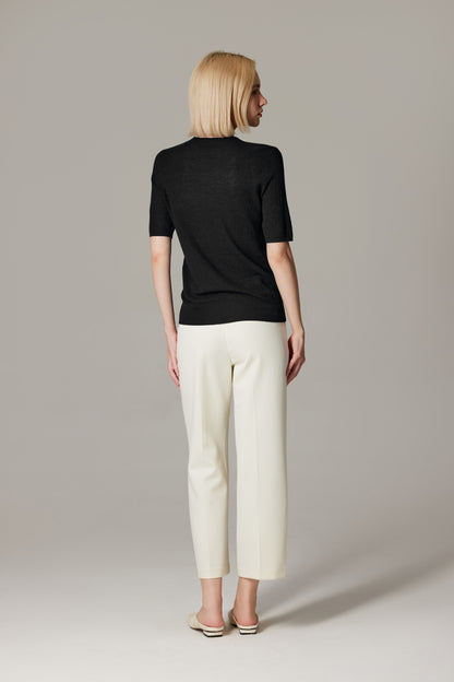 Women's Merino Silk Short Sleeve Funnel Neck Top in Black by JENNIE LIU