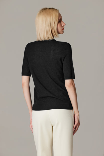 Women's Merino Silk Short Sleeve Funnel Neck Top in Black by JENNIE LIU