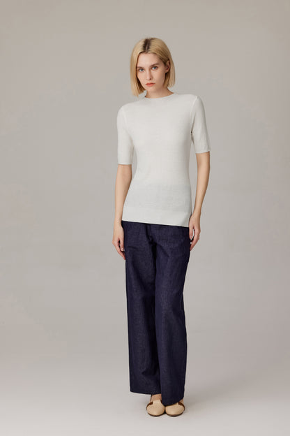 Women's Merino Silk Short Sleeve Funnel Neck Top in Cream by JENNIE LIU