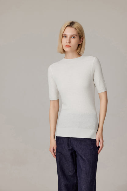 Women's Merino Silk Short Sleeve Funnel Neck Top in Cream by JENNIE LIU