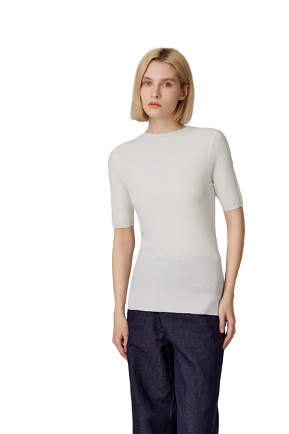 Women's Merino Silk Short Sleeve Funnel Neck Top in Cream by JENNIE LIU