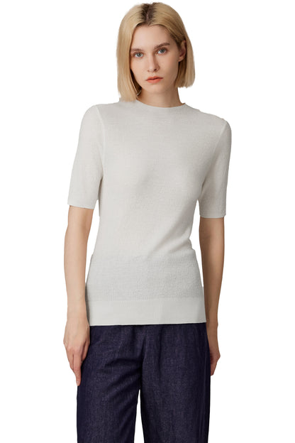 Women's Merino Silk Short Sleeve Funnel Neck Top in Cream by JENNIE LIU