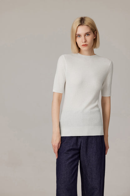 Women's Merino Silk Short Sleeve Funnel Neck Top in Cream by JENNIE LIU